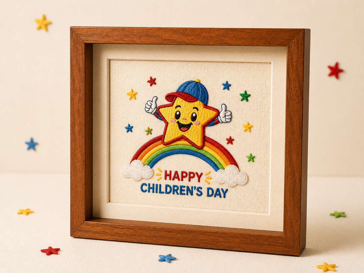 Children’s Day embroidered shadow-box frame with star and rainbow motif