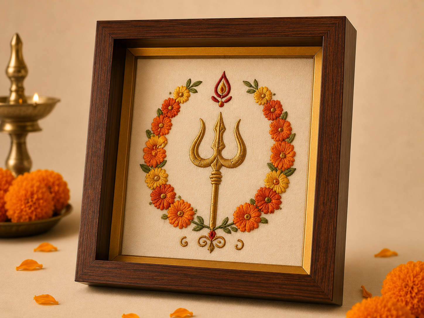 Navratri Durga Puja embroidered shadow-box frame with marigold and trishul
