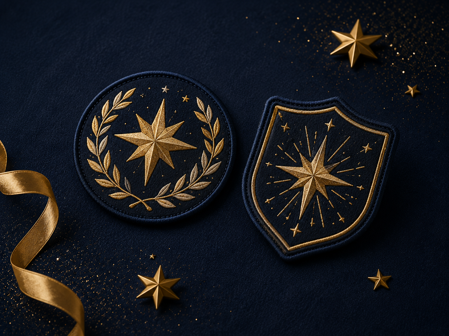 Round star-and-laurel and shield starburst embroidered patches in gold on navy