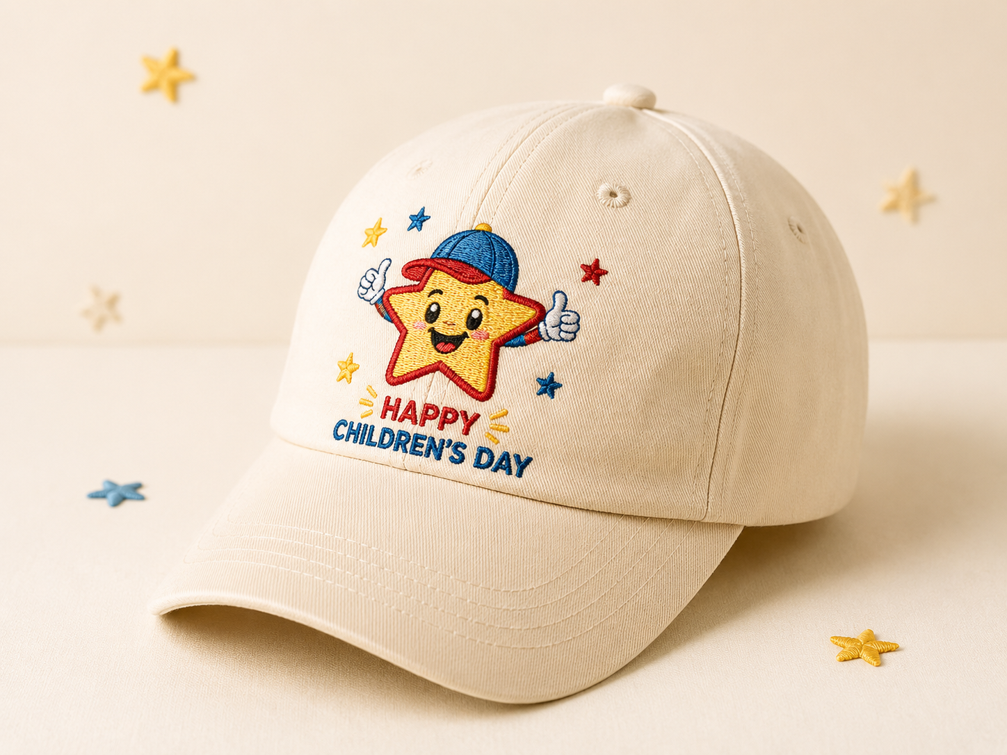 Children’s Day embroidered kids cap with cheerful cartoon-star emblem