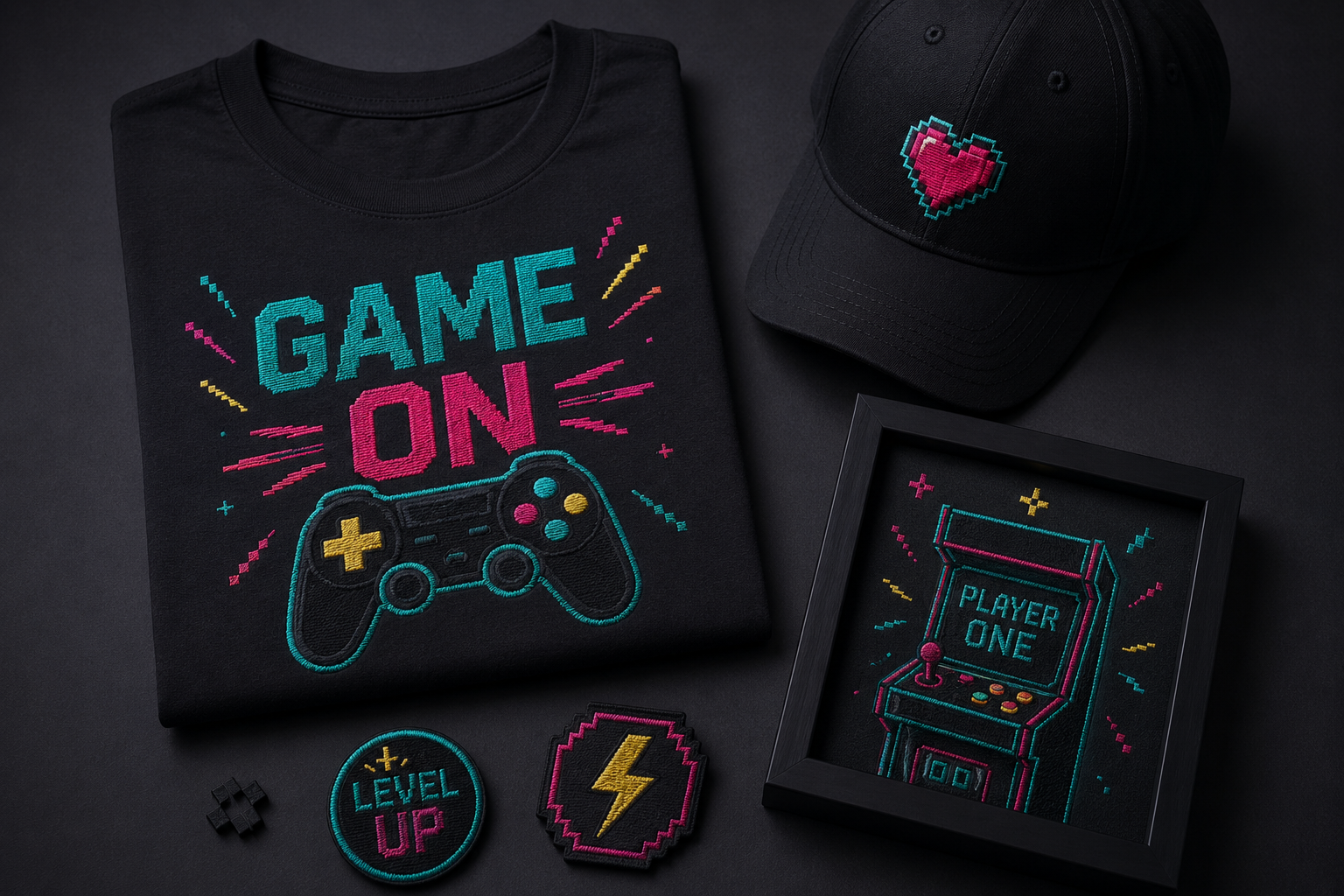 Gaming embroidered merch collection with Game On tee, pixel cap, Player One frame, and neon patches on charcoal