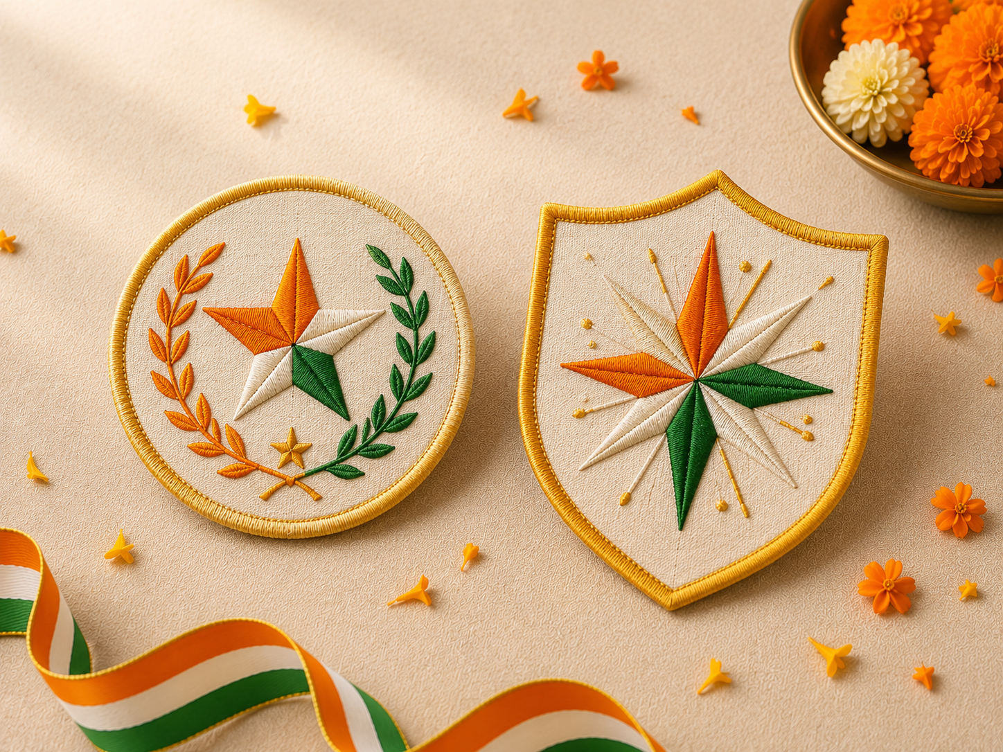 Round star-and-laurel and shield starburst tricolour embroidered patches on cream