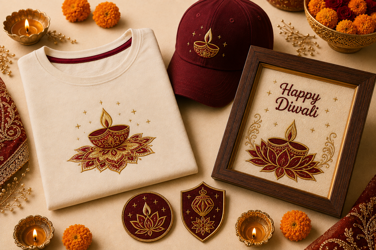 Diwali embroidered gift collection with tee, cap, Happy Diwali keepsake frame, and festive patches on cream