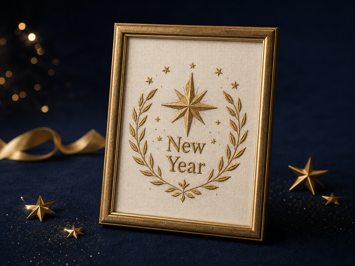 Framed embroidered New Year star and laurel crest in gold on midnight blue