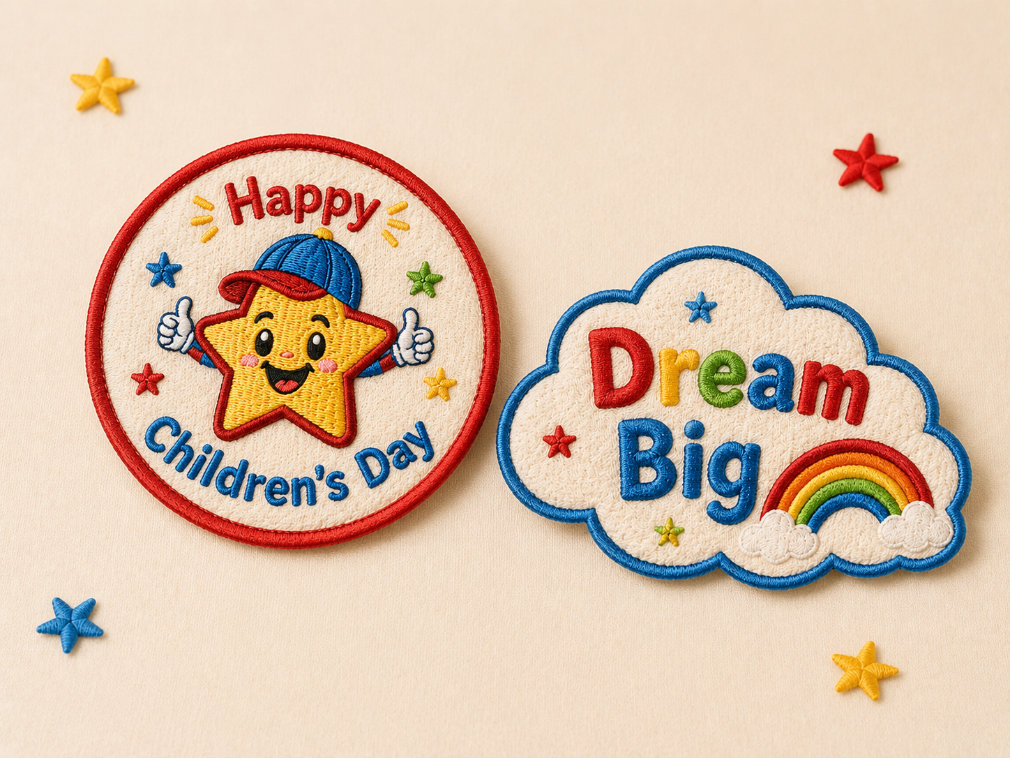 Children’s Day embroidered patches with Happy Children’s Day star and Dream Big cloud