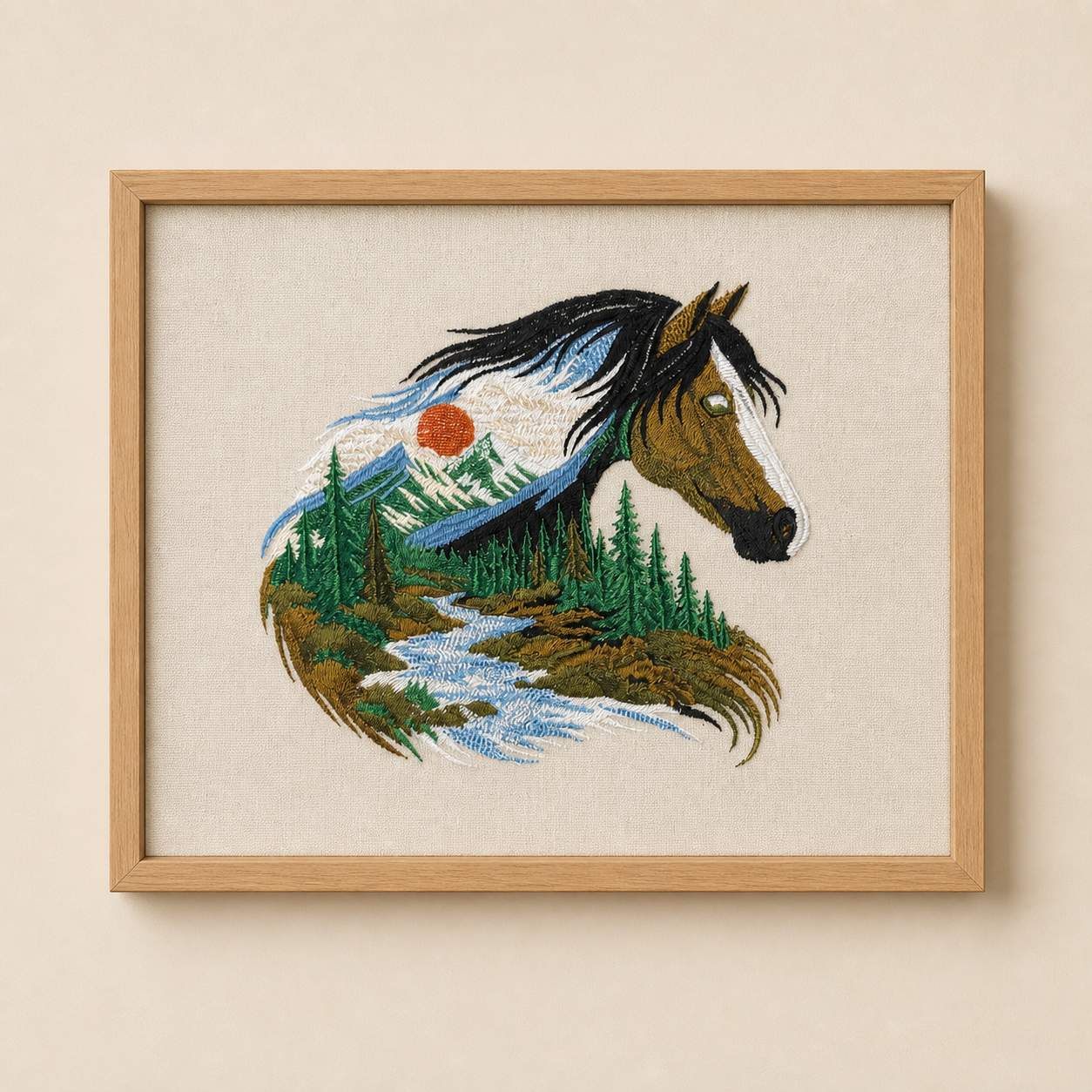 Scenic Horse Embroidery Wall Art Frame