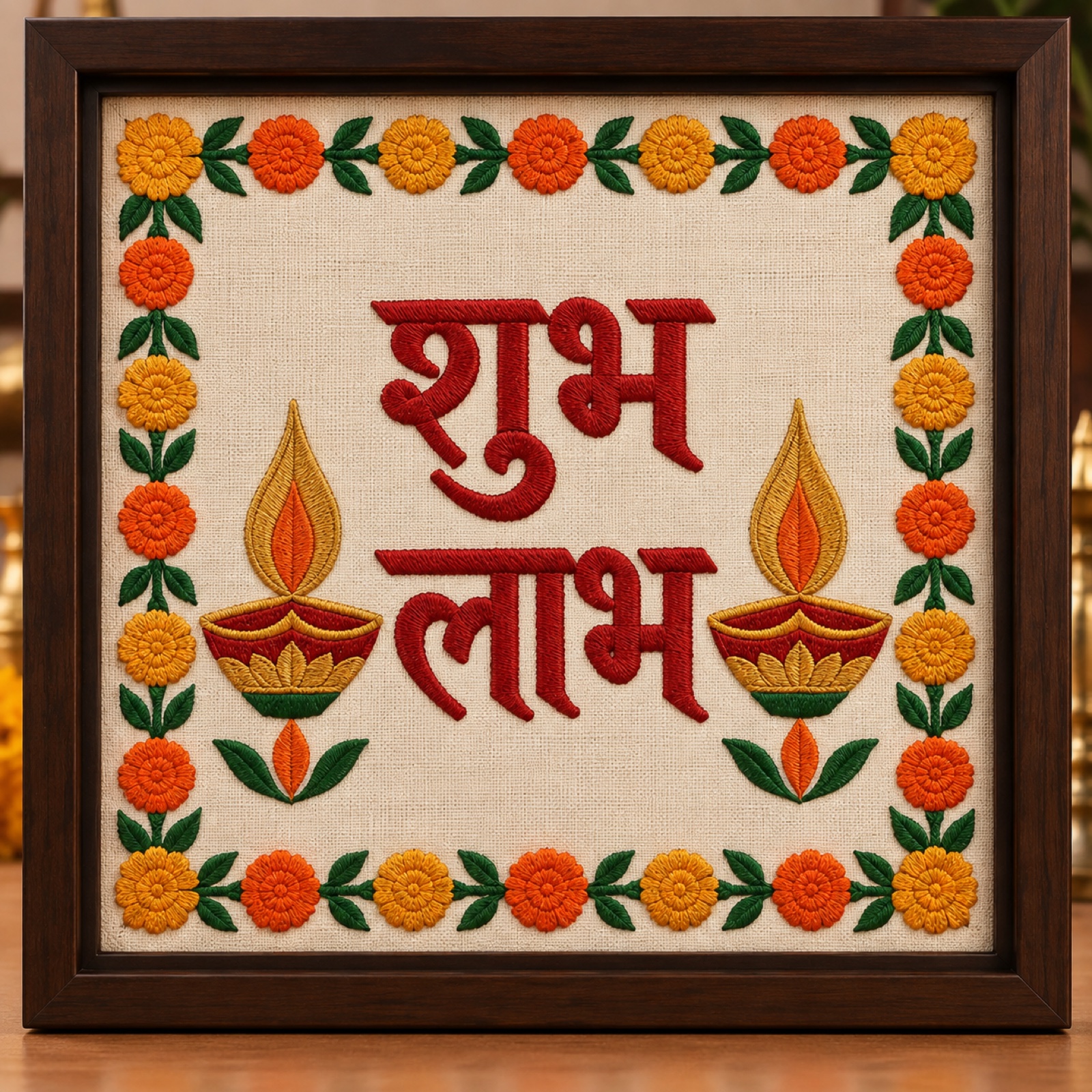 Shubh Labh Embroidered Frame – Entrance Wall Art