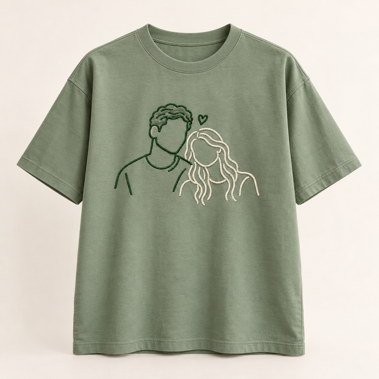 Custom Couple Line Portrait Embroidered Oversized T-Shirt