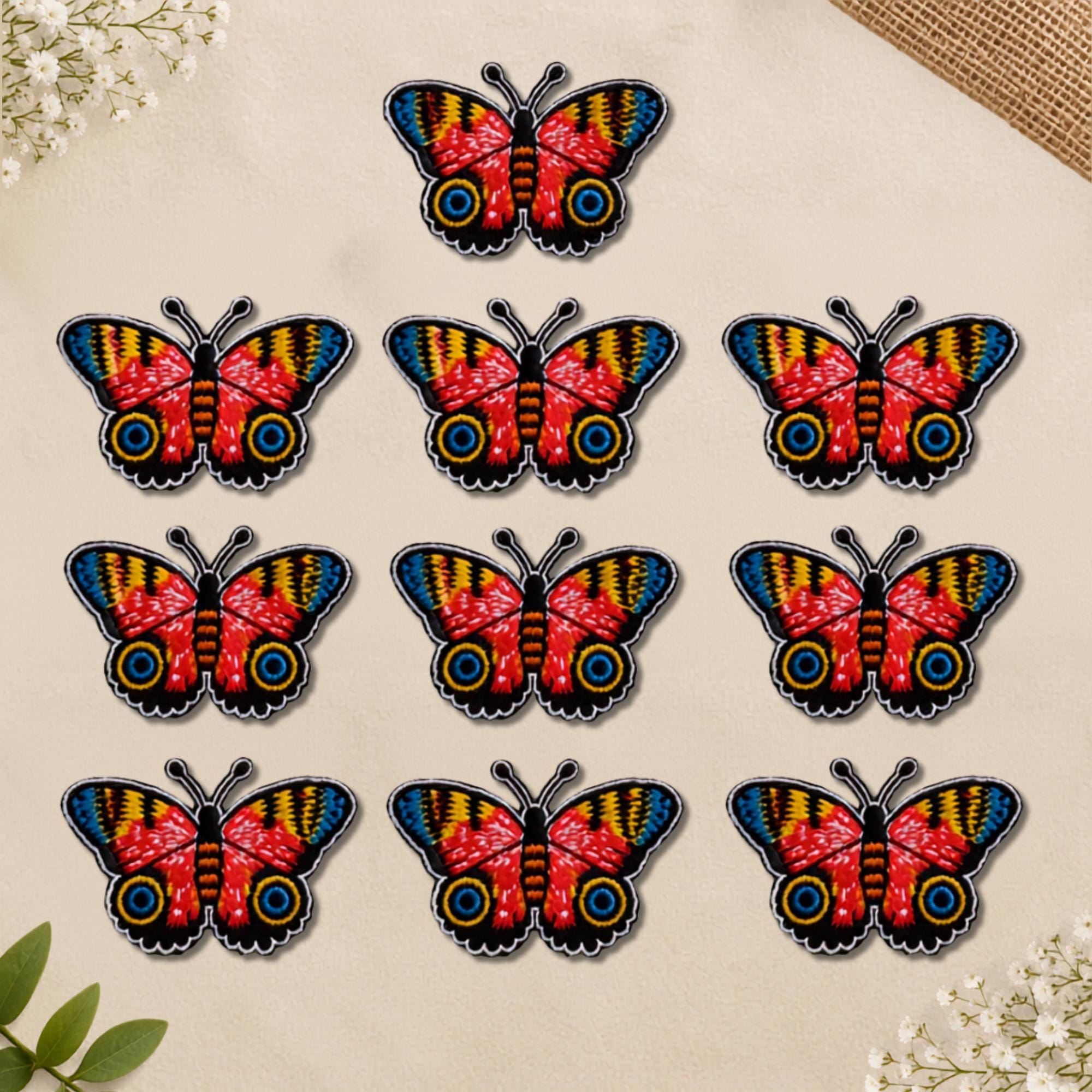 Red Peacock Butterfly Embroidered Patches - Set of 10