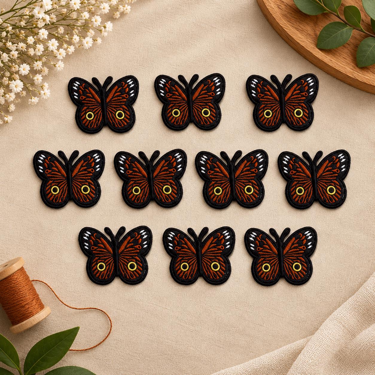 Brown Butterfly Embroidered Patches - Set of 10