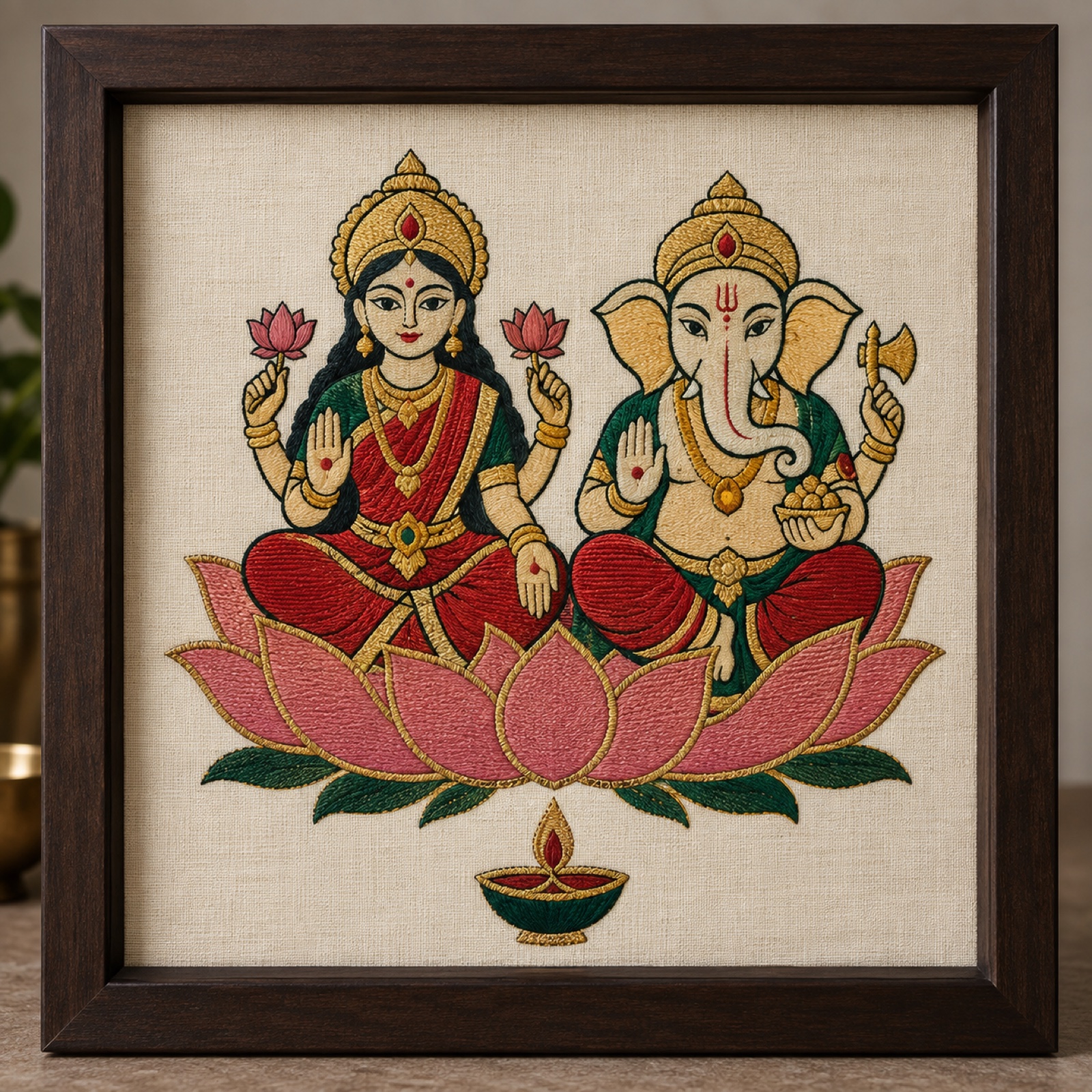 Lakshmi Ganesh Embroidered Frame – Diwali Wall Art