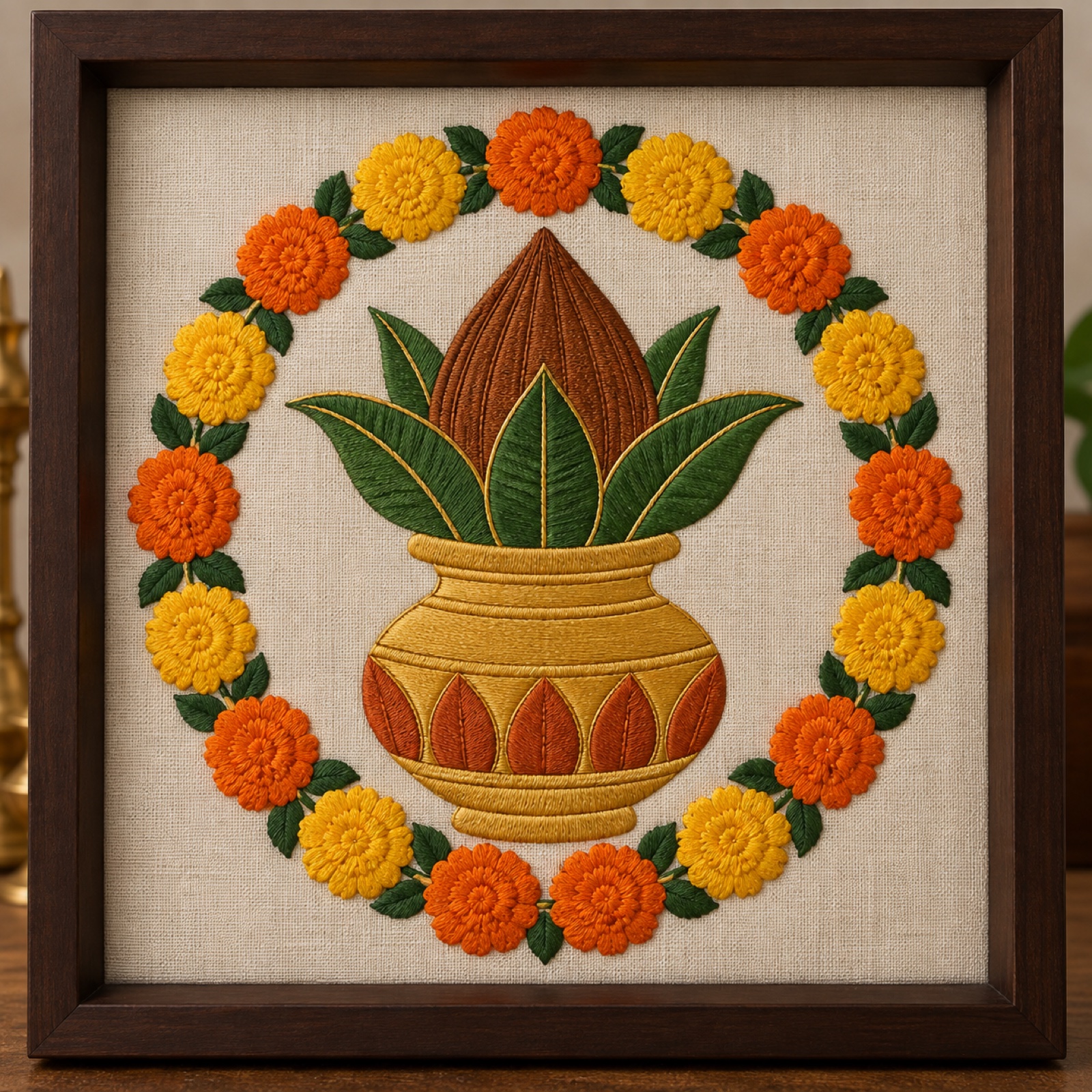 Kalash & Marigold Embroidered Frame – Pooja Room