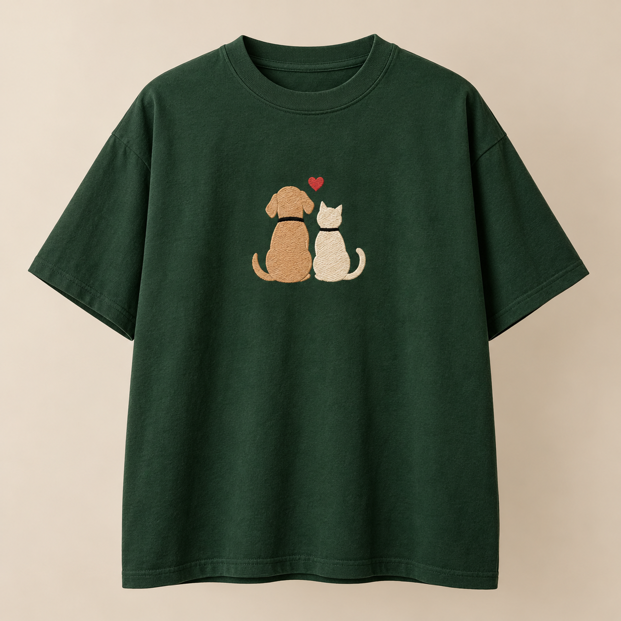 Dog & Cat Best Friends Ready-Made Embroidered Oversized T-Shirt