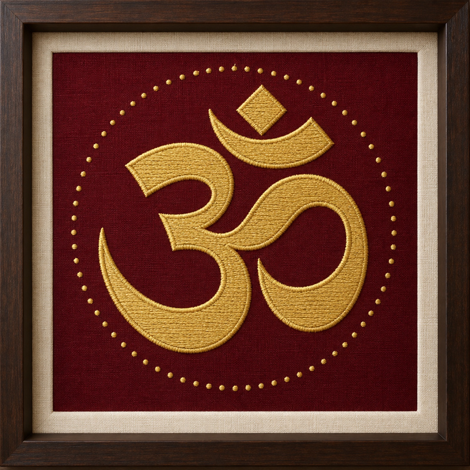 Om Embroidered Frame – Minimal Gold on Maroon