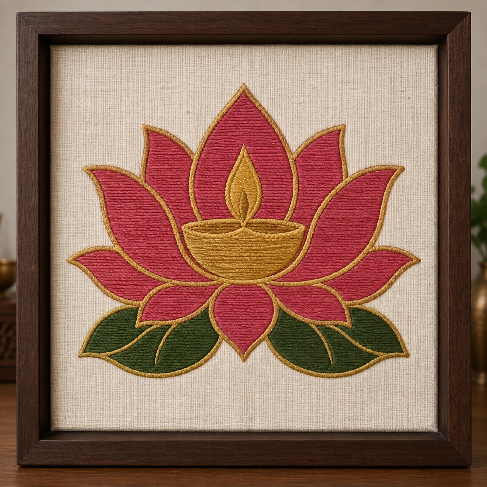 Lotus & Diya Embroidered Frame