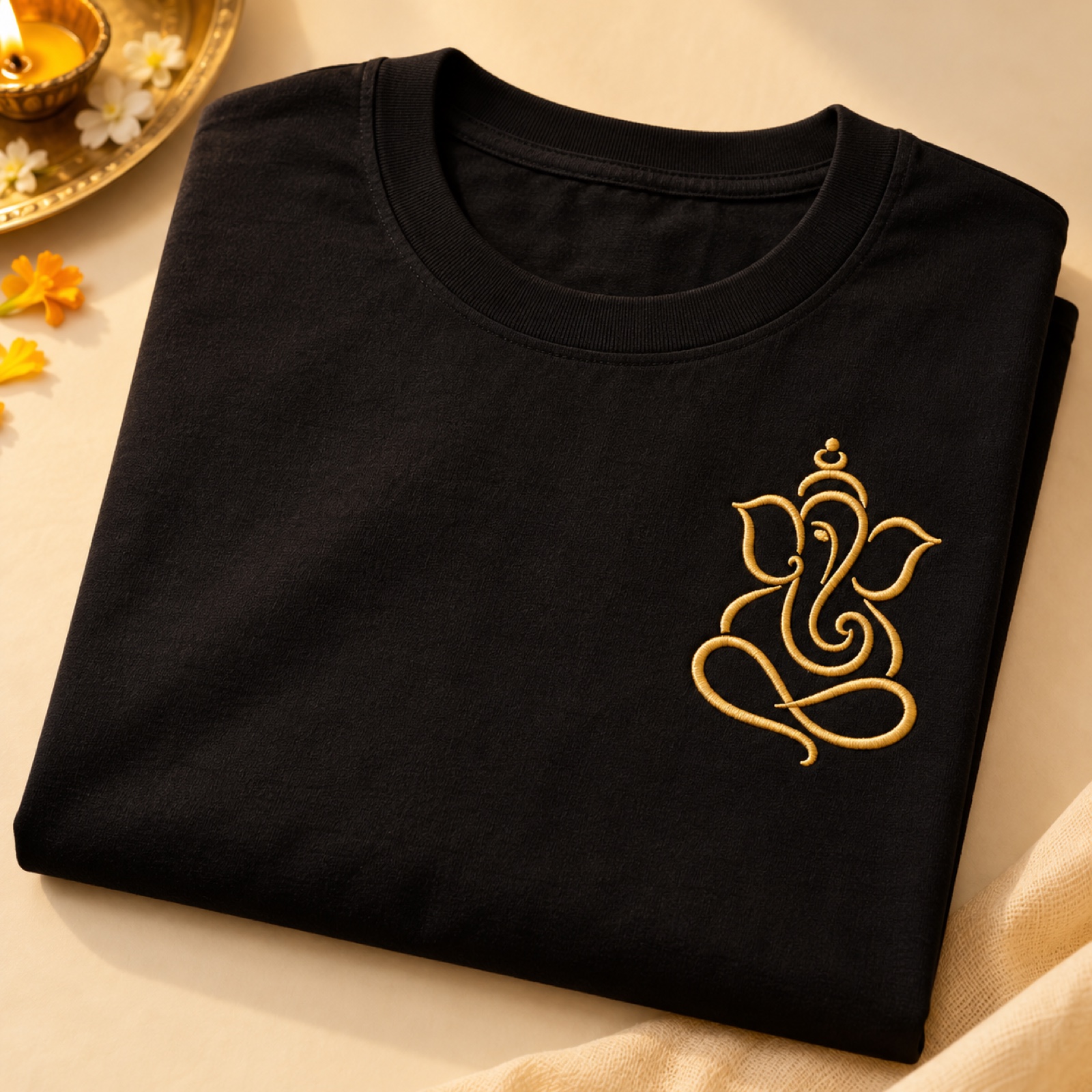 Ganesha Line Art Embroidered T-Shirt
