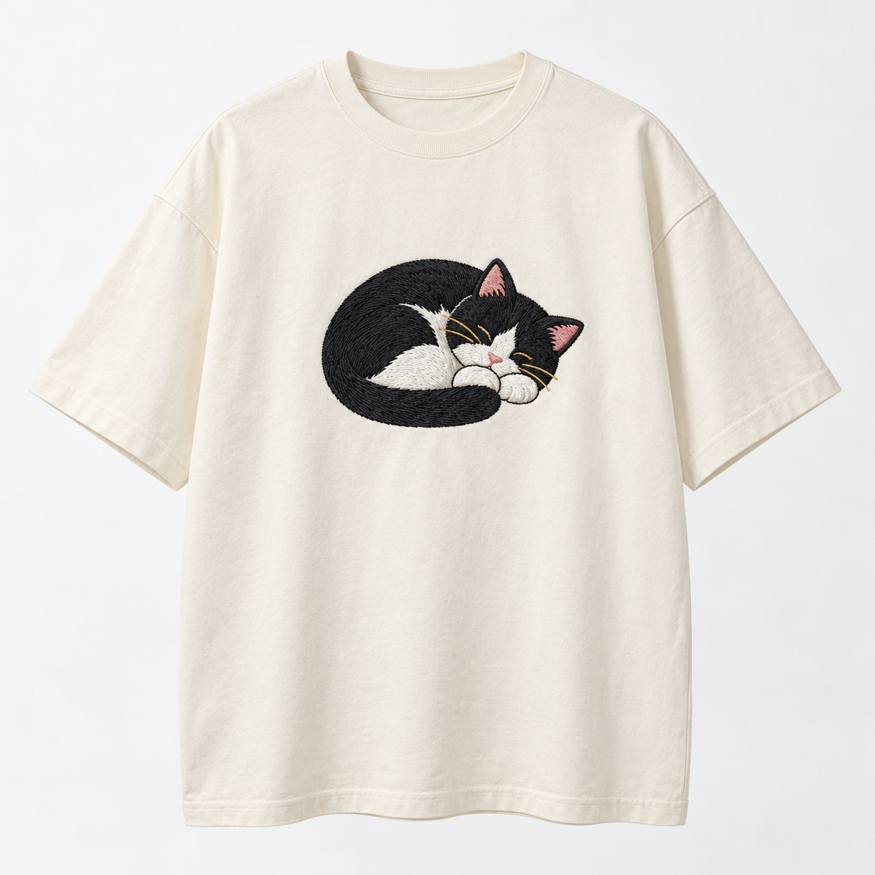 Sleeping Tuxedo Cat Ready-Made Embroidered Oversized T-Shirt