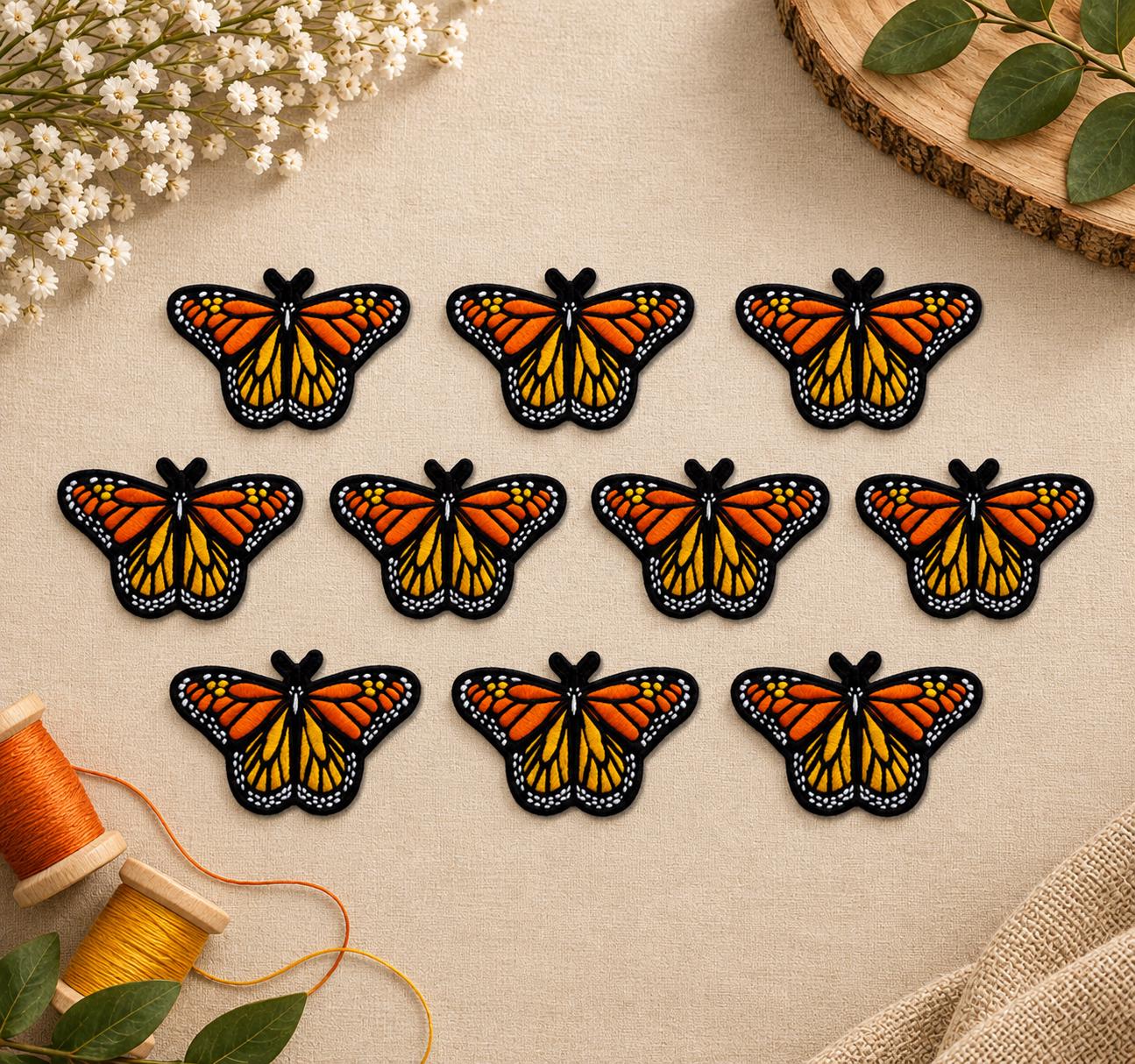 Orange Monarch Butterfly Embroidered Patches - Set of 10