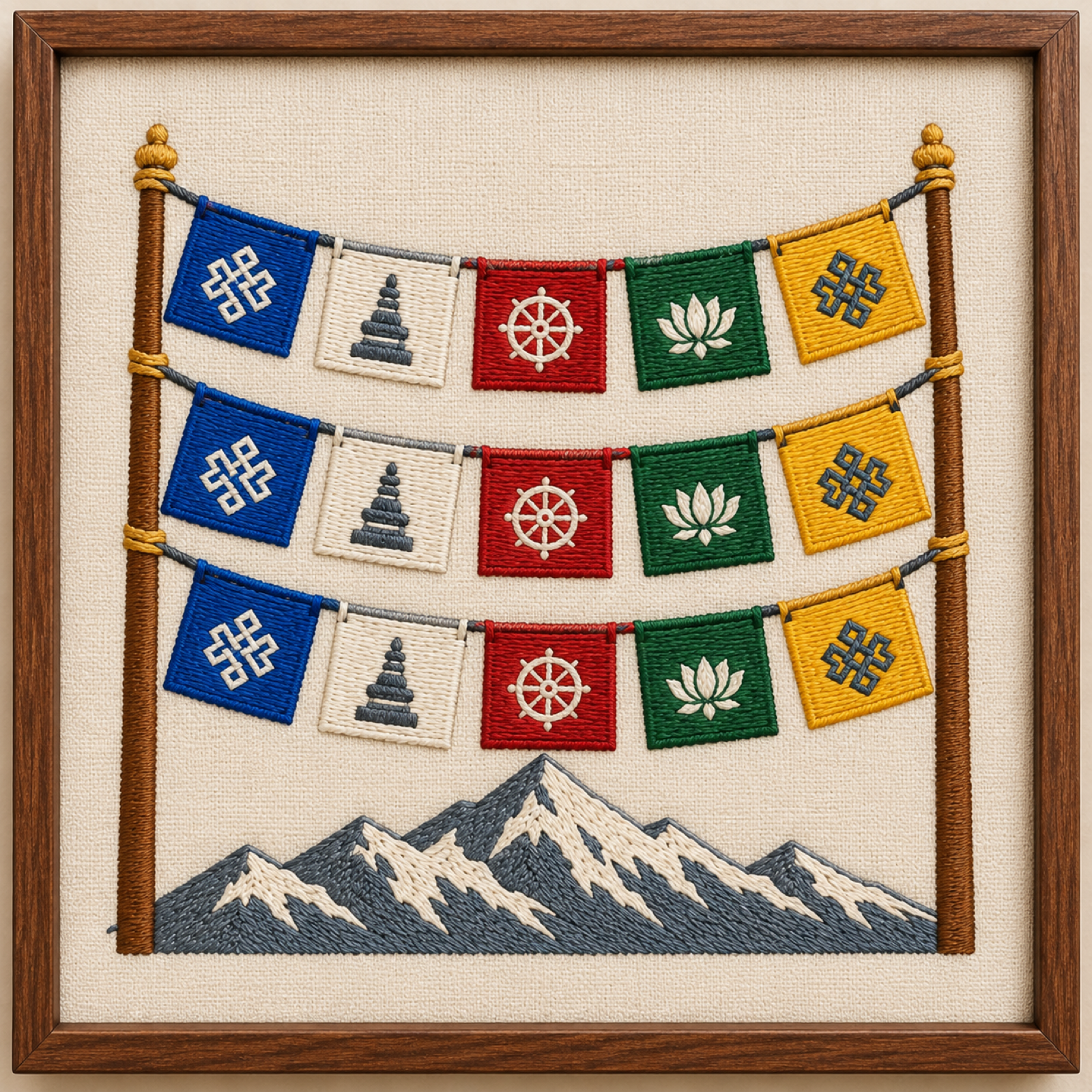 Machine-embroidered Buddhist prayer flags over mountains, framed panel