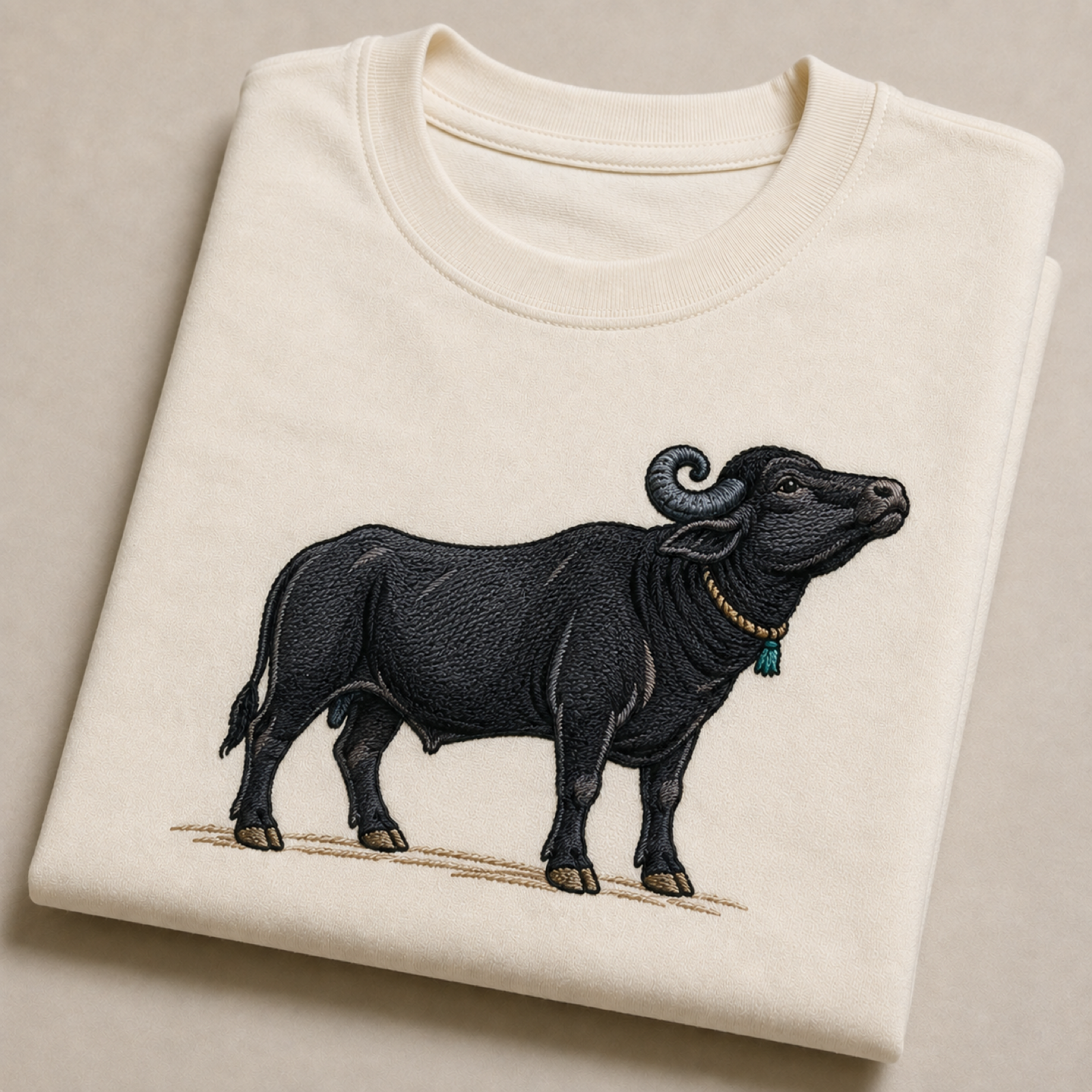 Machine-embroidered Murrah buffalo on a t-shirt