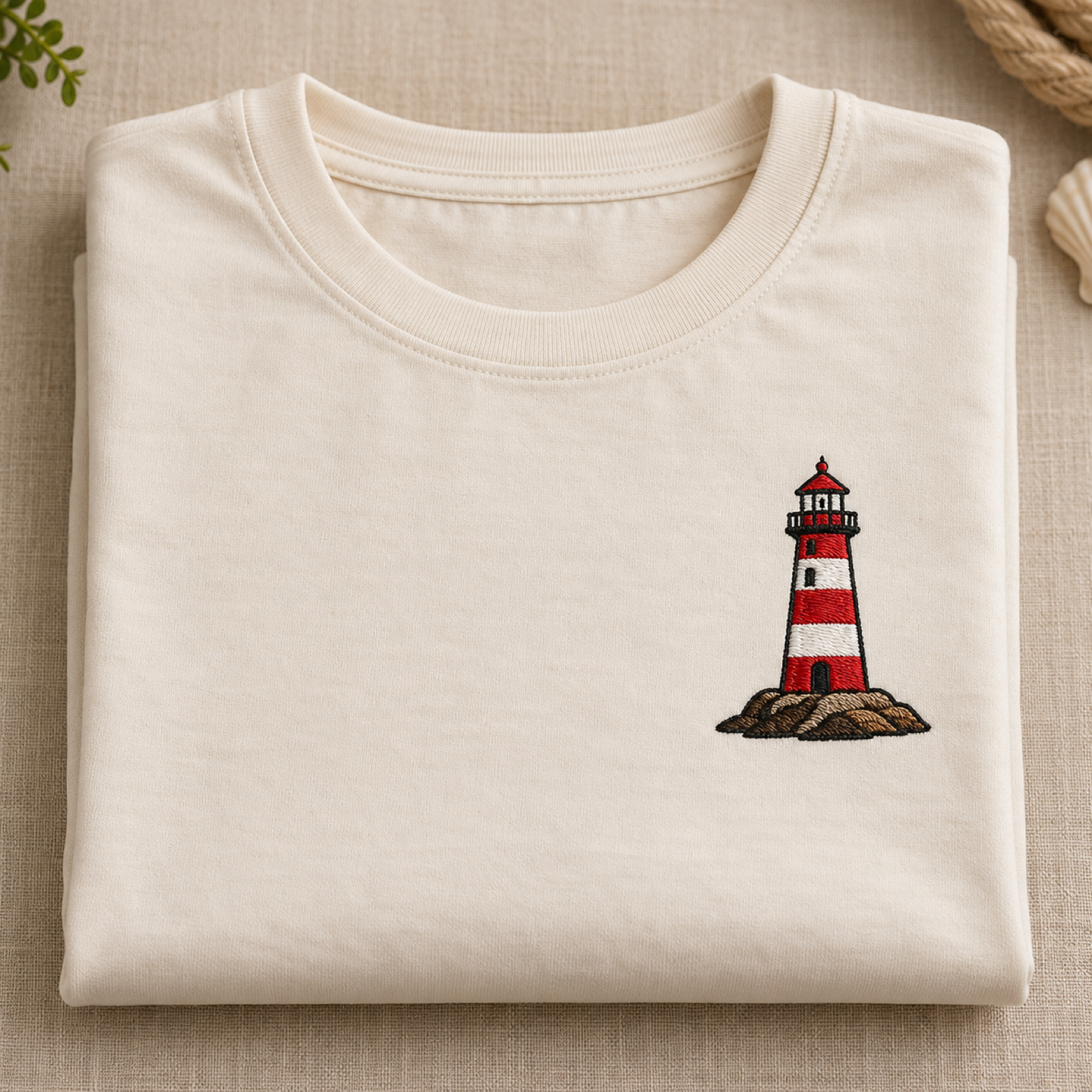 Machine-embroidered red-and-white lighthouse on a t-shirt, Daman & Diu