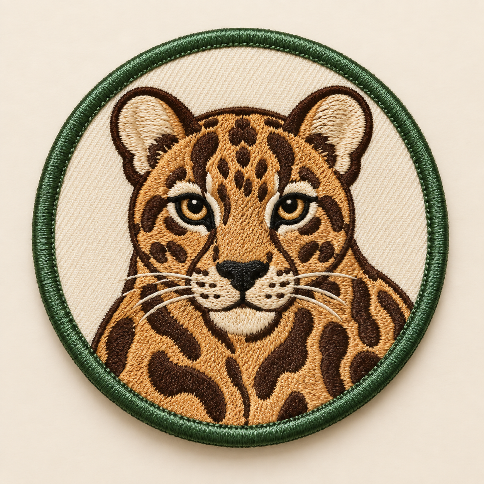 Machine-embroidered clouded leopard round patch, Meghalaya state animal