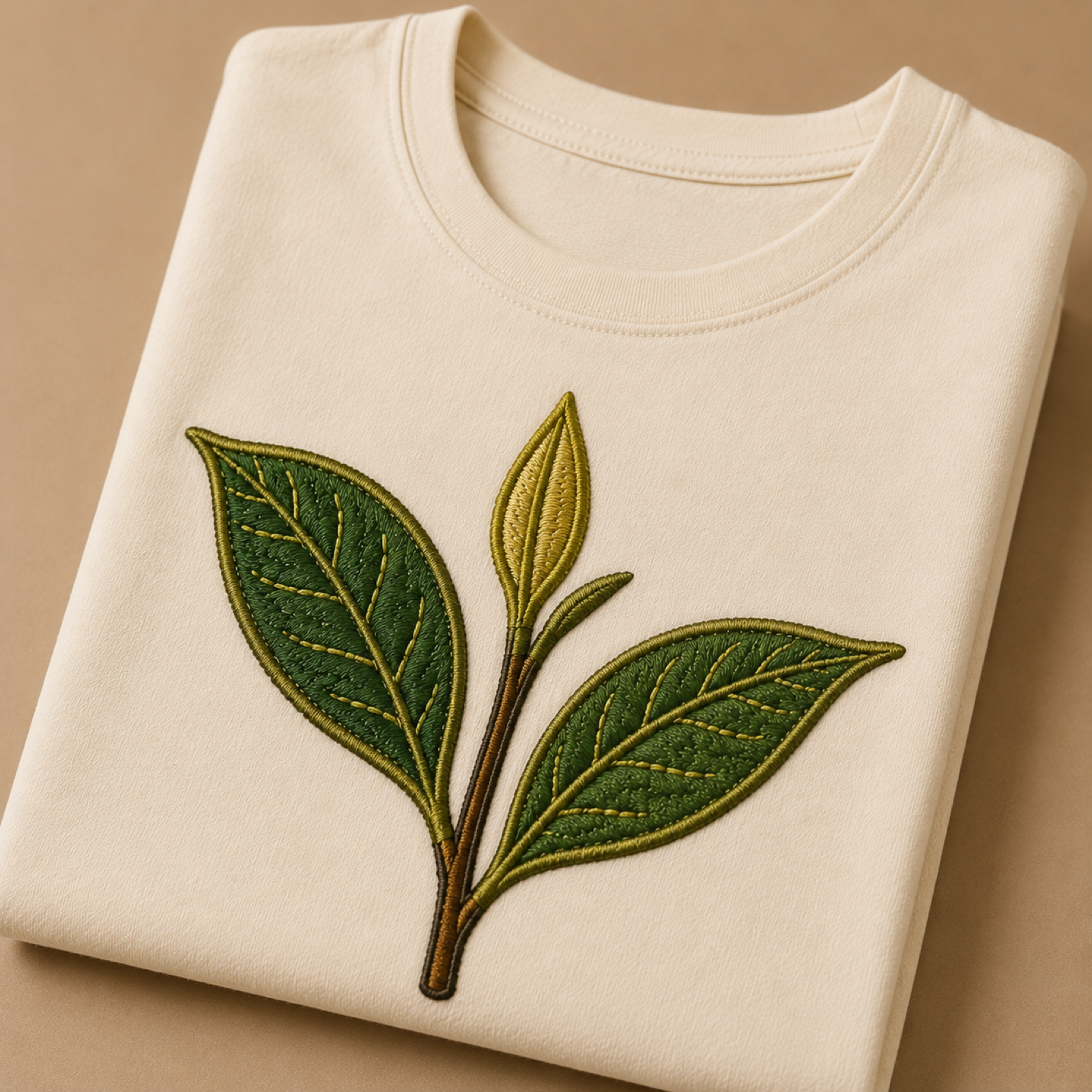 Machine-embroidered Assam tea leaf on a t-shirt