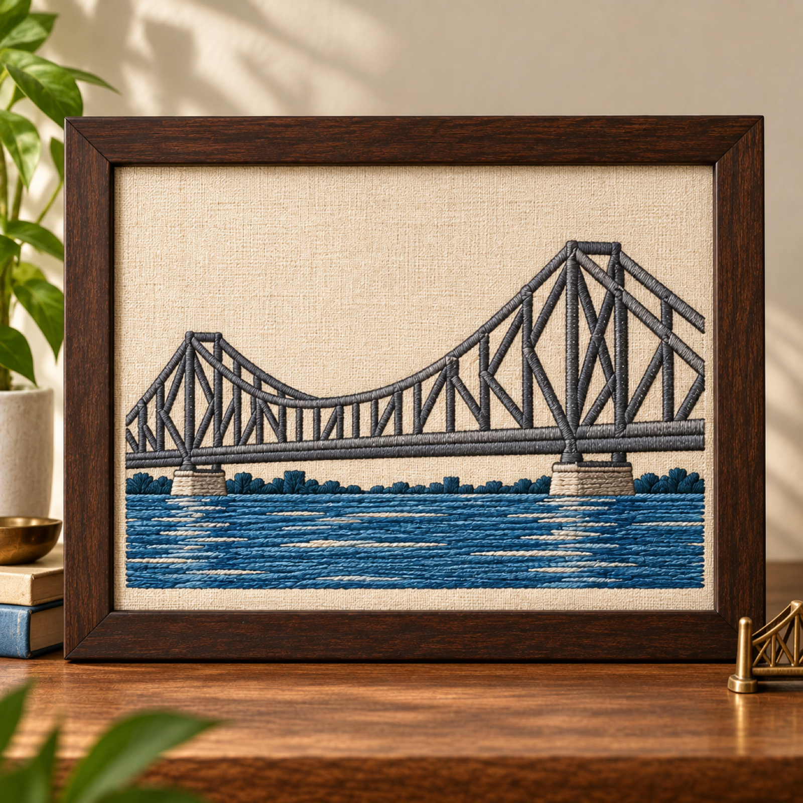Machine-embroidered Howrah Bridge silhouette over the river, framed art — West Bengal