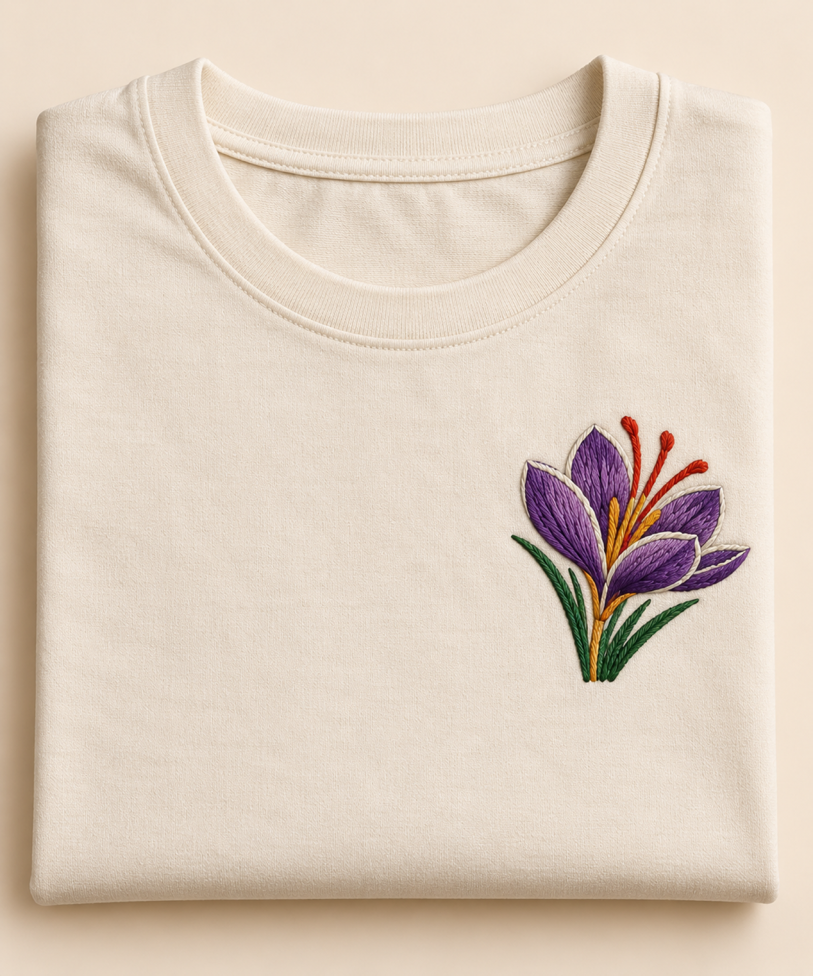 Machine-embroidered Kashmir saffron crocus flower on a t-shirt