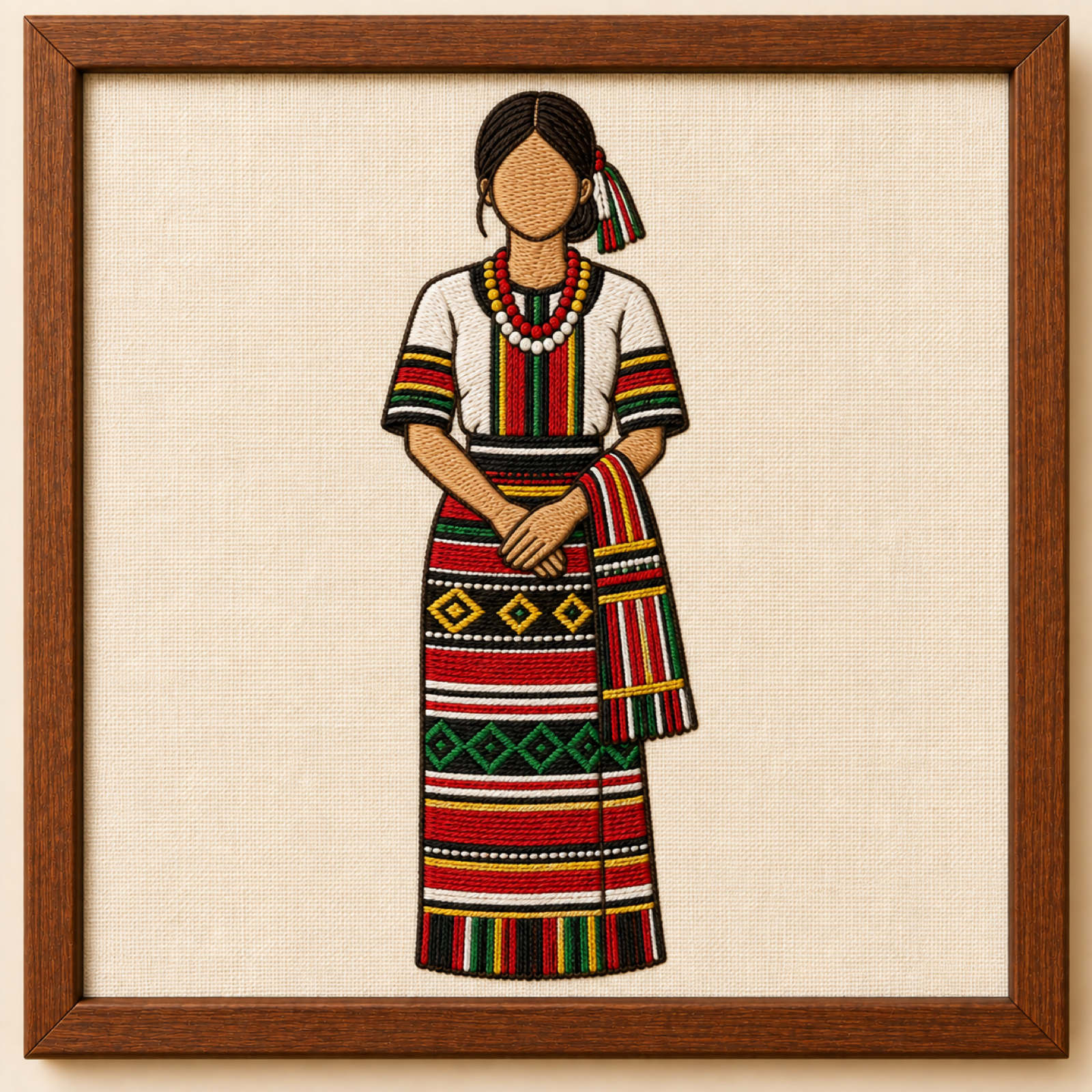 Machine-embroidered Mizo woman in Puanchei handloom, framed panel