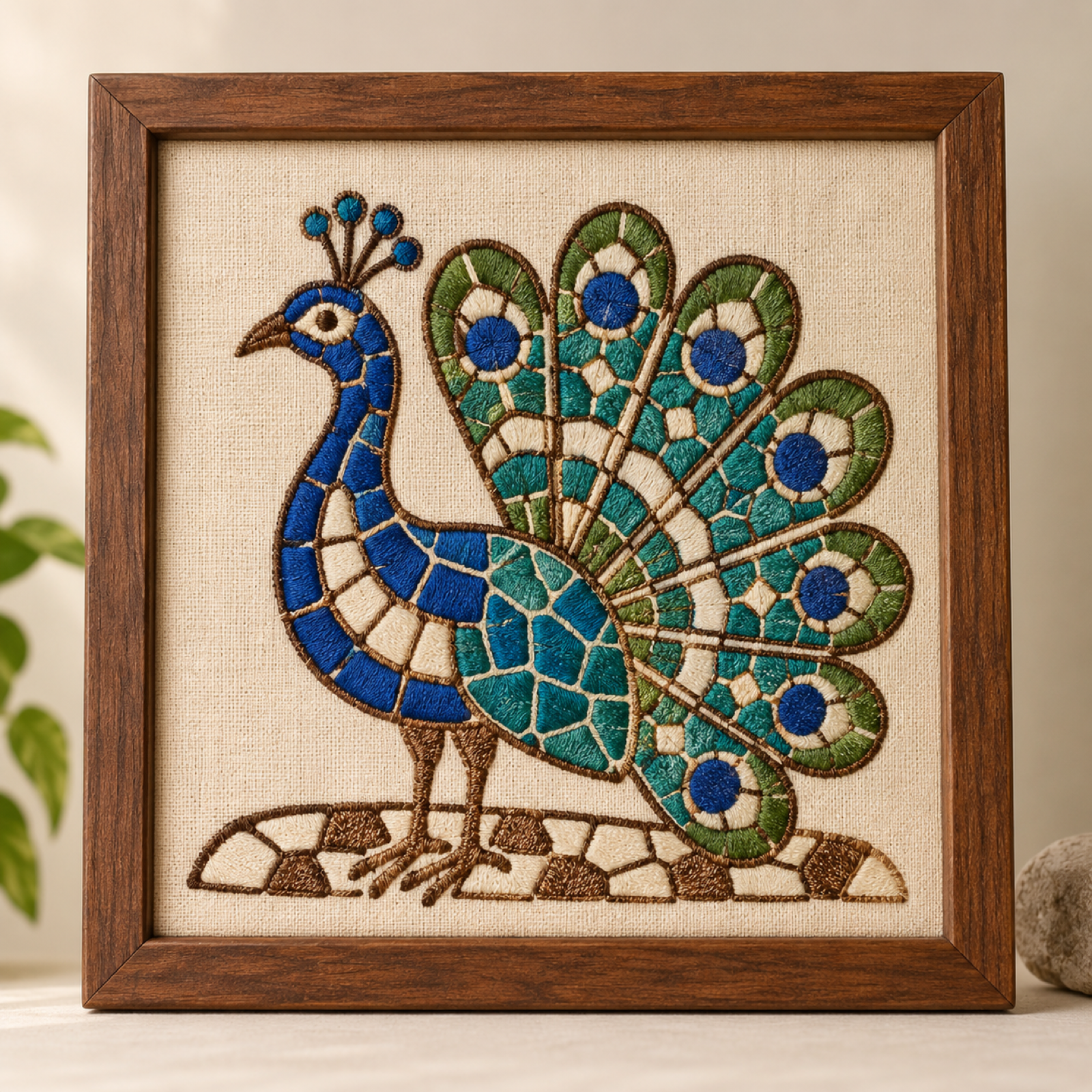 Machine-embroidered Rock Garden mosaic-style peacock, framed panel, Chandigarh