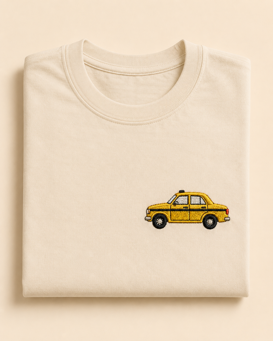 Embroidered Kolkata yellow taxi motif t-shirt