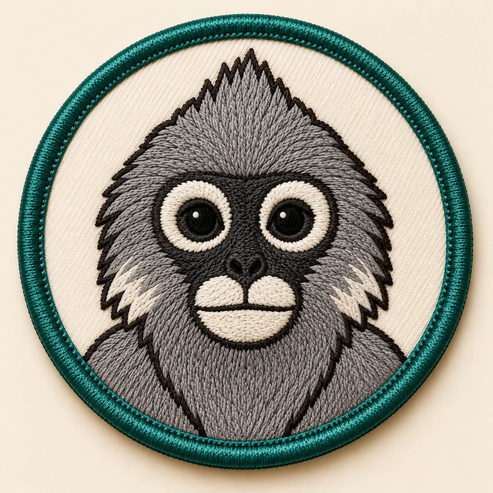 Machine-embroidered Phayre's spectacled langur round patch, Tripura state animal