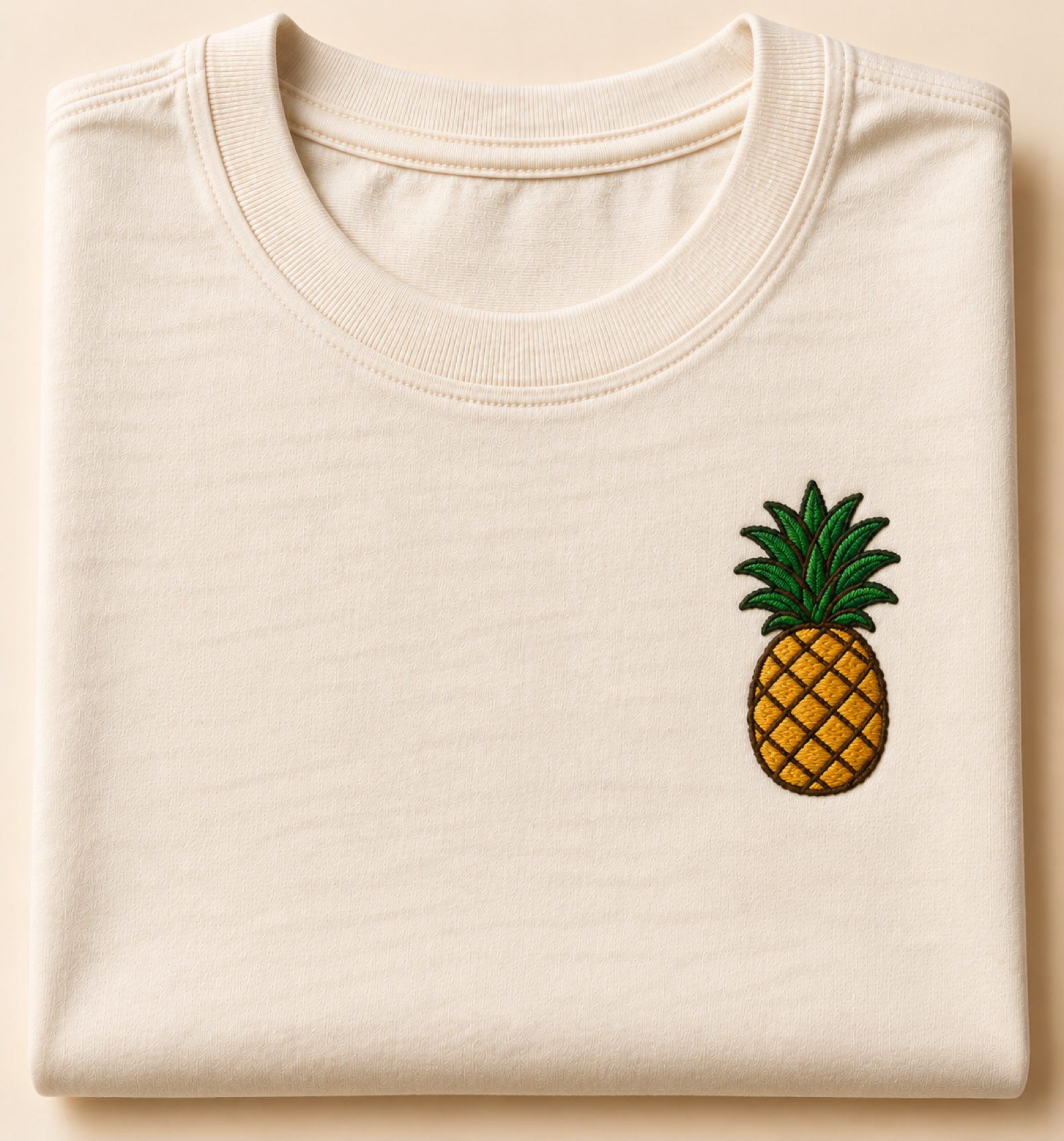 Machine-embroidered Queen pineapple fruit on a t-shirt, Tripura
