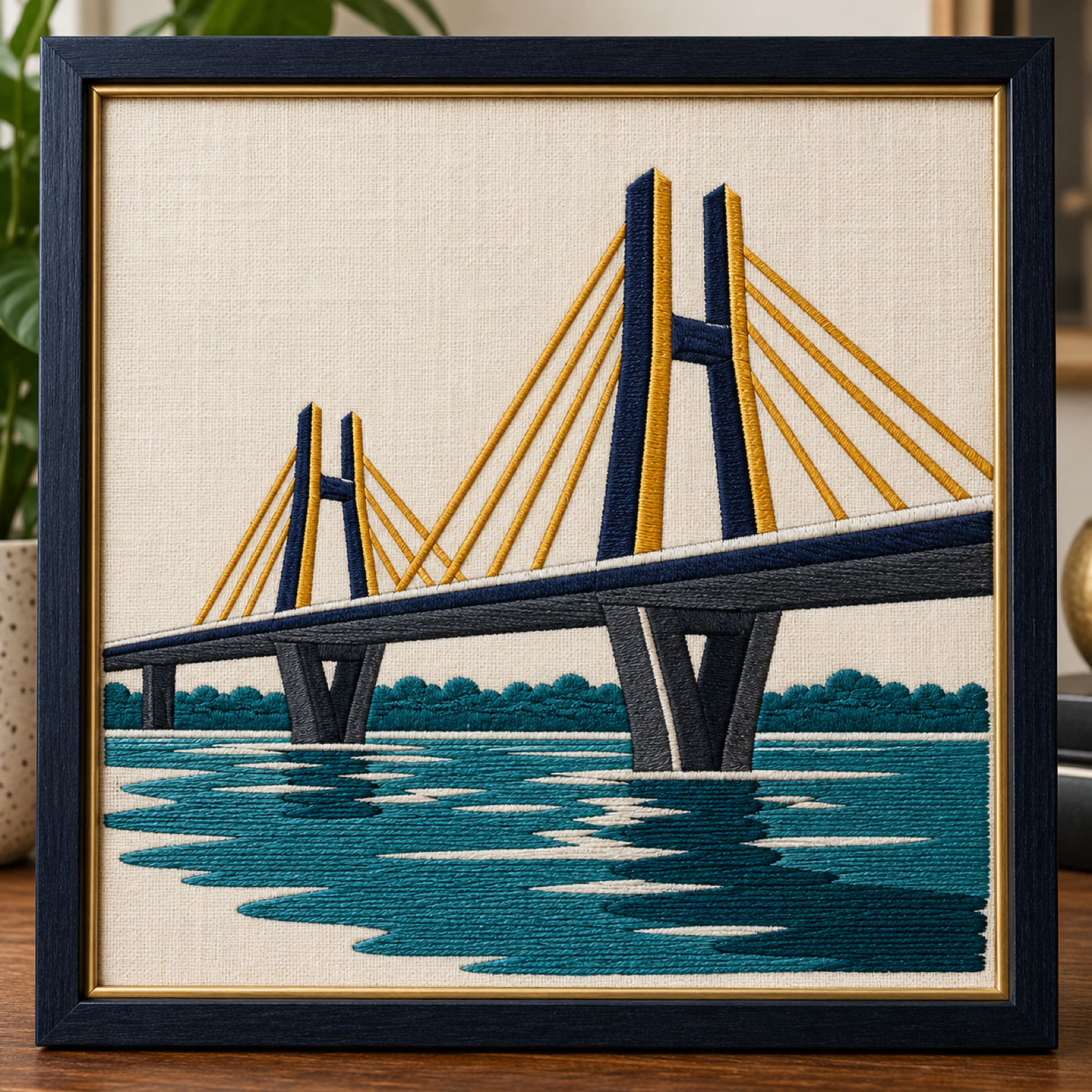 DND Flyway cable bridge embroidered on cream linen, Noida