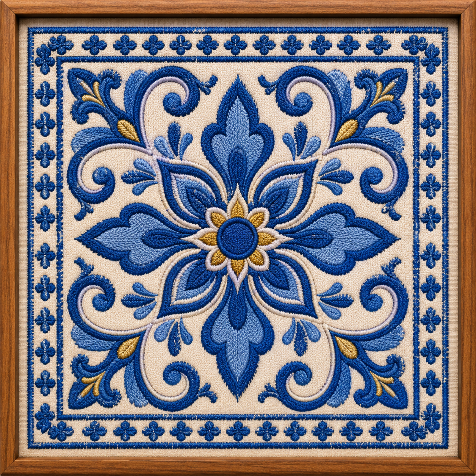 Machine-embroidered azulejo tile framed panel