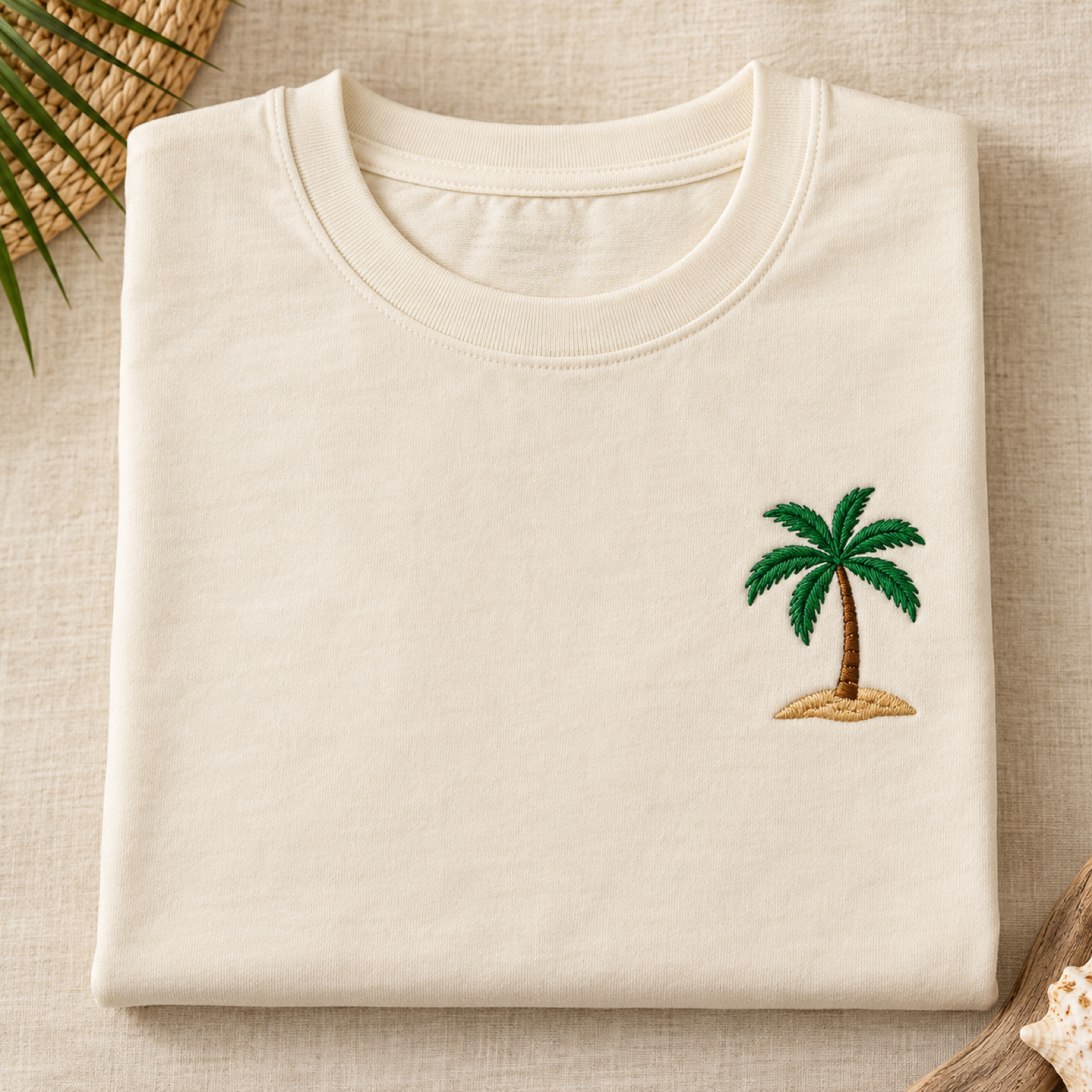 Machine-embroidered coconut palm on a sandy island on a t-shirt, Andaman