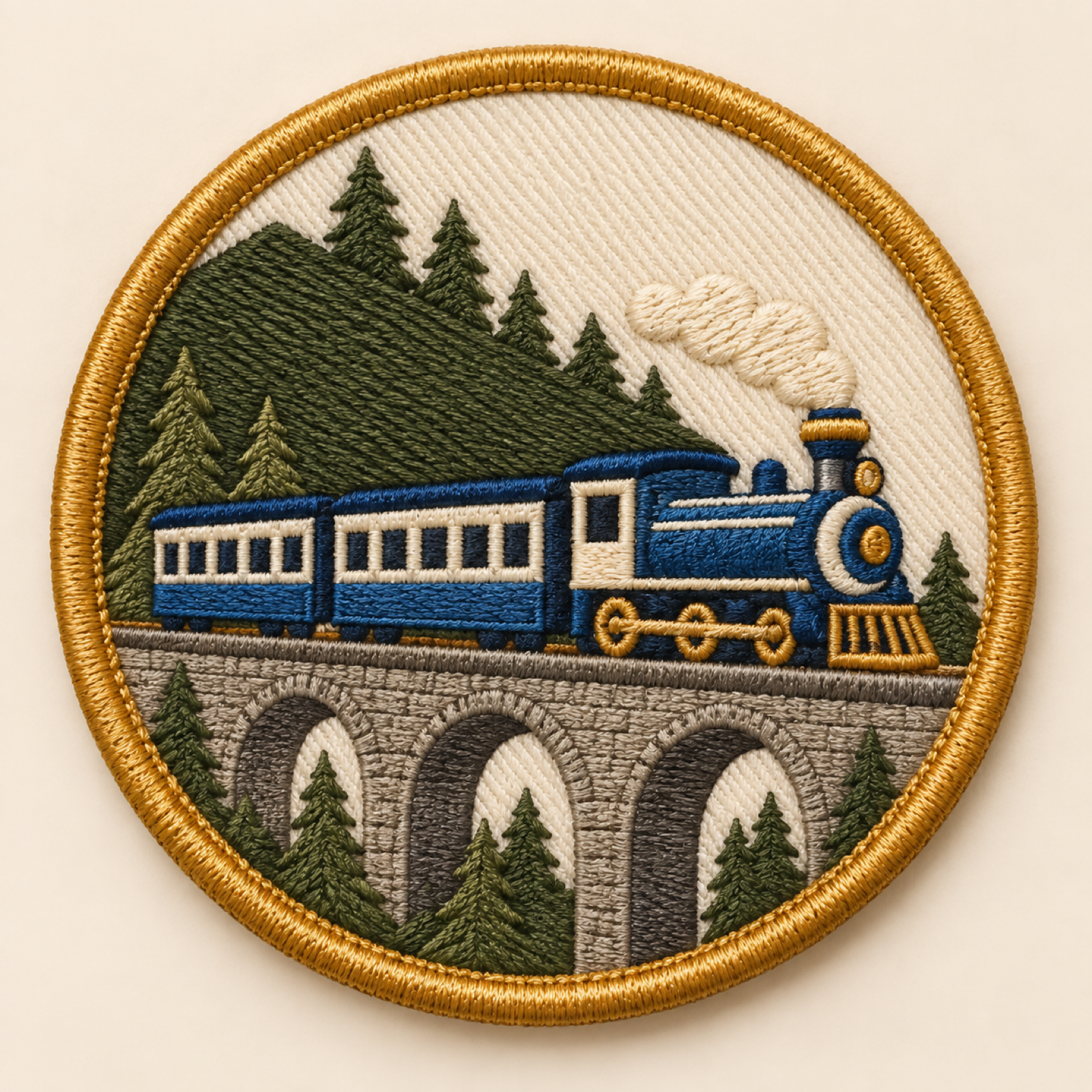 Machine-embroidered Kalka-Shimla toy train on a viaduct, round patch