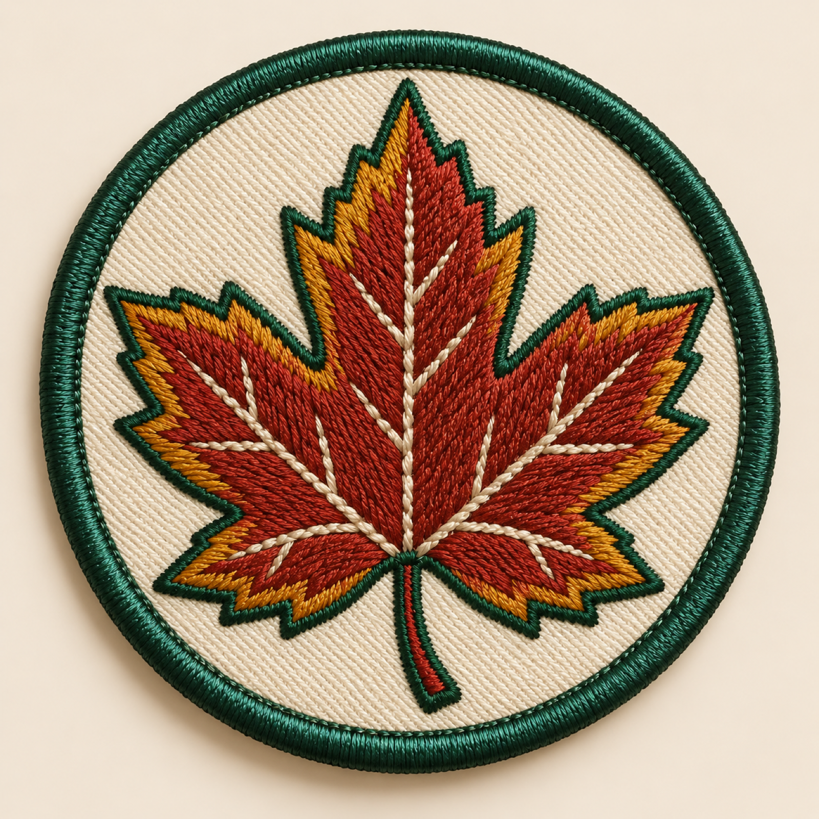 Machine-embroidered chinar maple leaf round patch, Kashmir