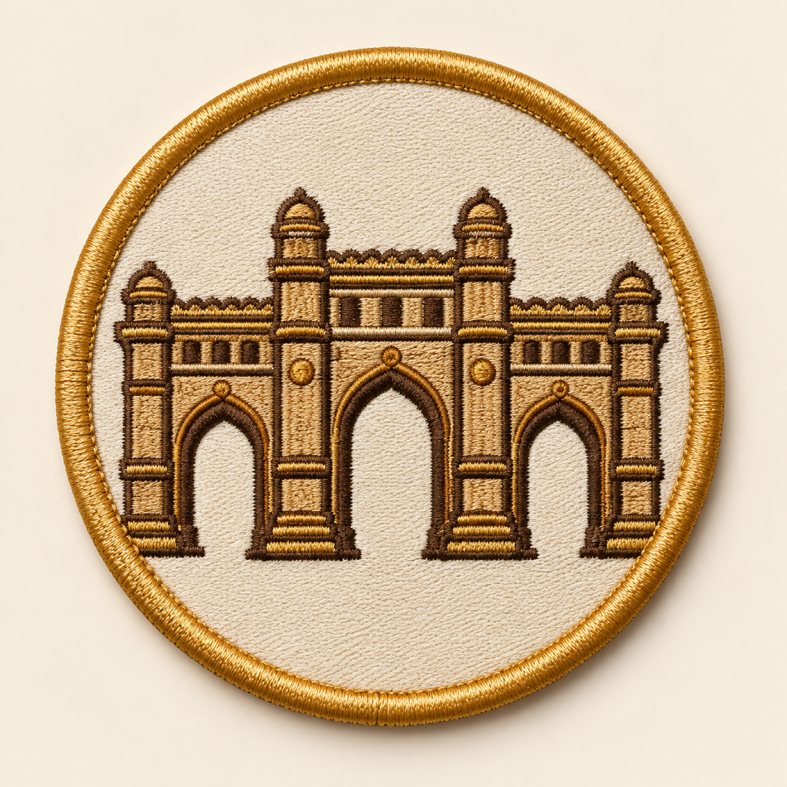 Machine-embroidered Teen Darwaza triple-arch gateway patch, Ahmedabad