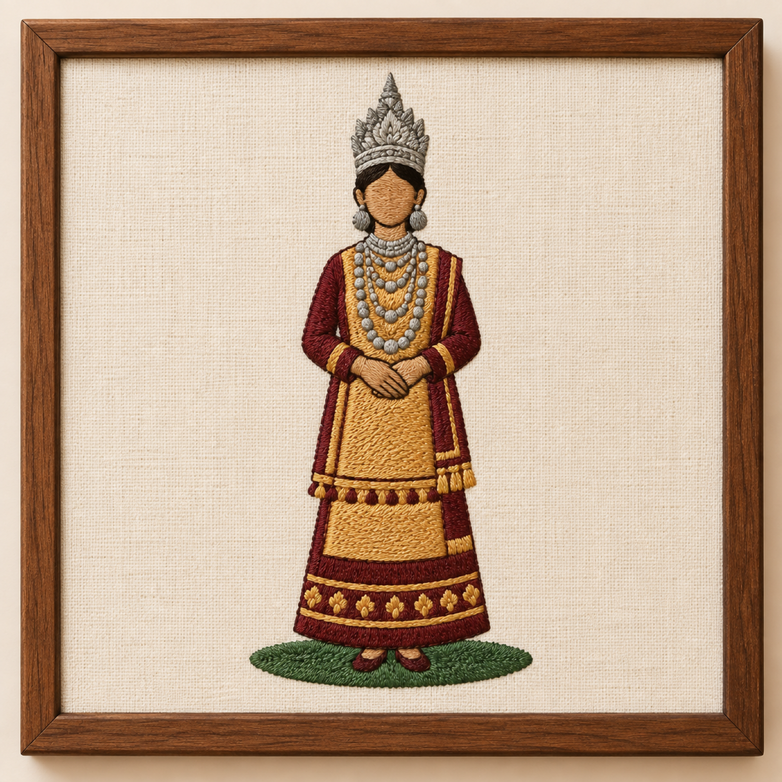 Machine-embroidered Khasi Nongkrem festival dancer in silver crown, framed panel