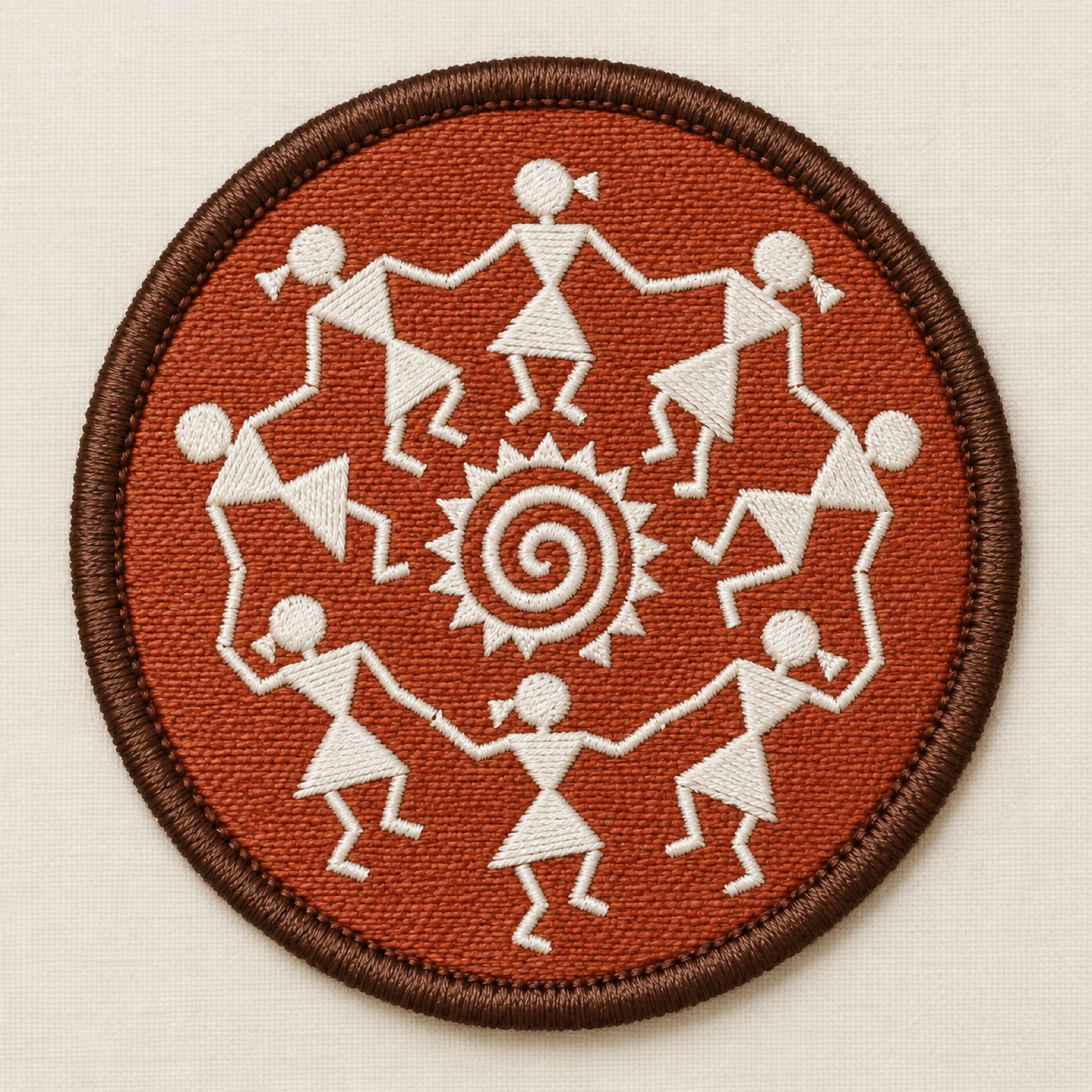 Machine-embroidered white Warli tribal dance motif round patch, Dadra & Nagar Haveli