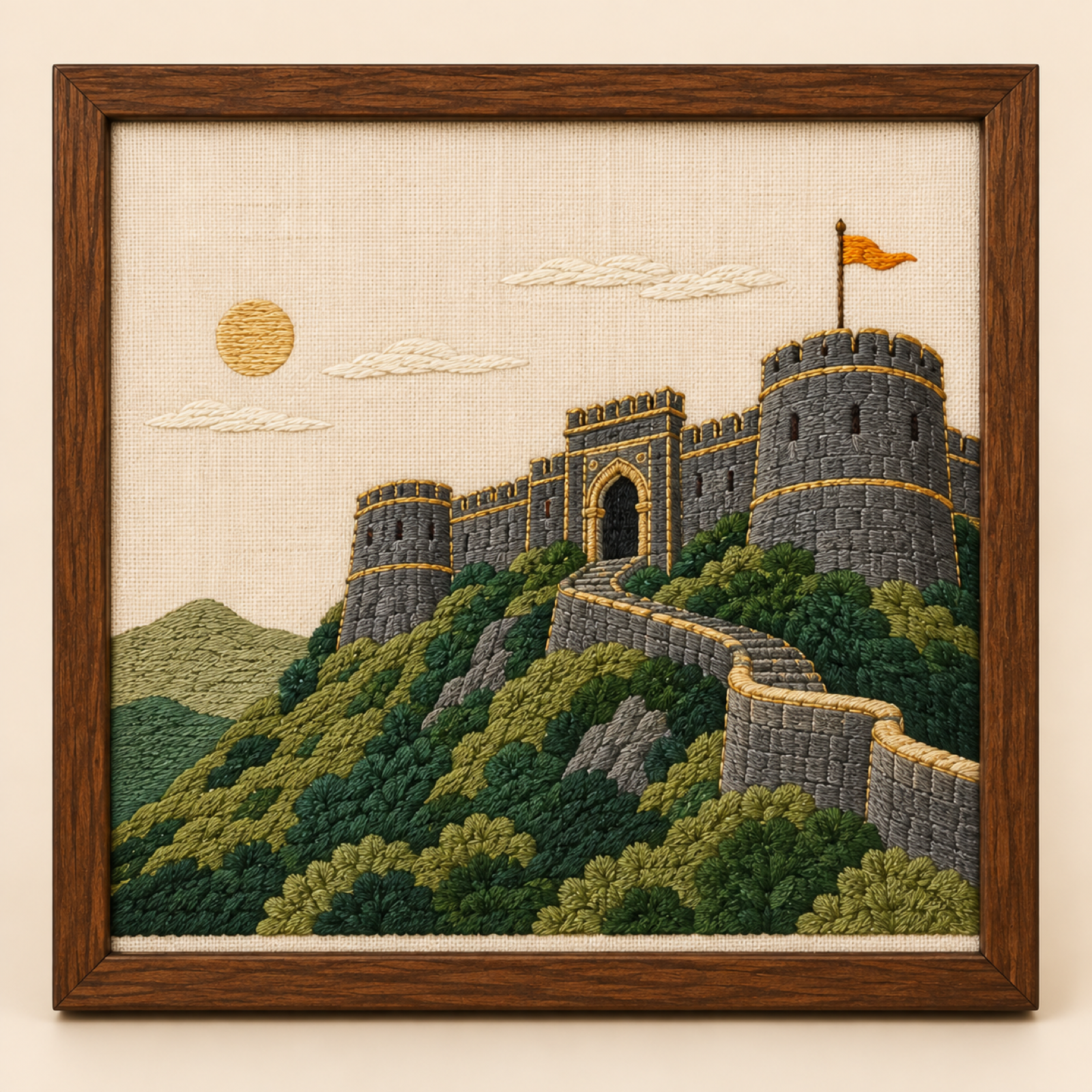 Machine-embroidered Sinhagad hill fort framed panel, Pune