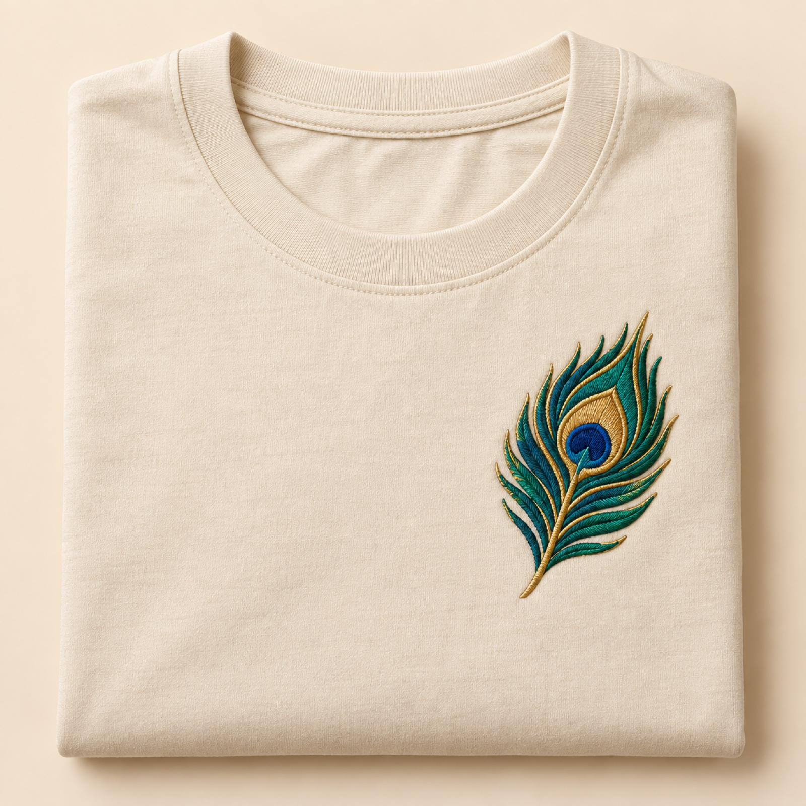 Machine-embroidered peacock feather motif on a t-shirt, Pune