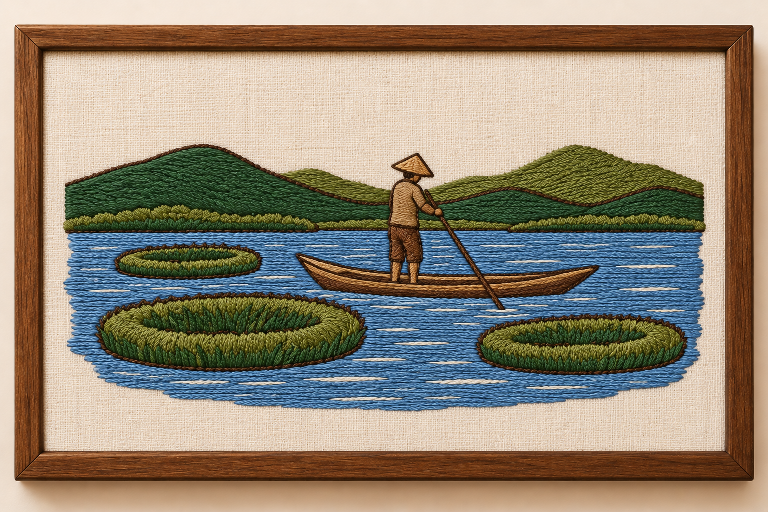 Machine-embroidered Loktak Lake with floating phumdi islands and a fisherman, Manipur
