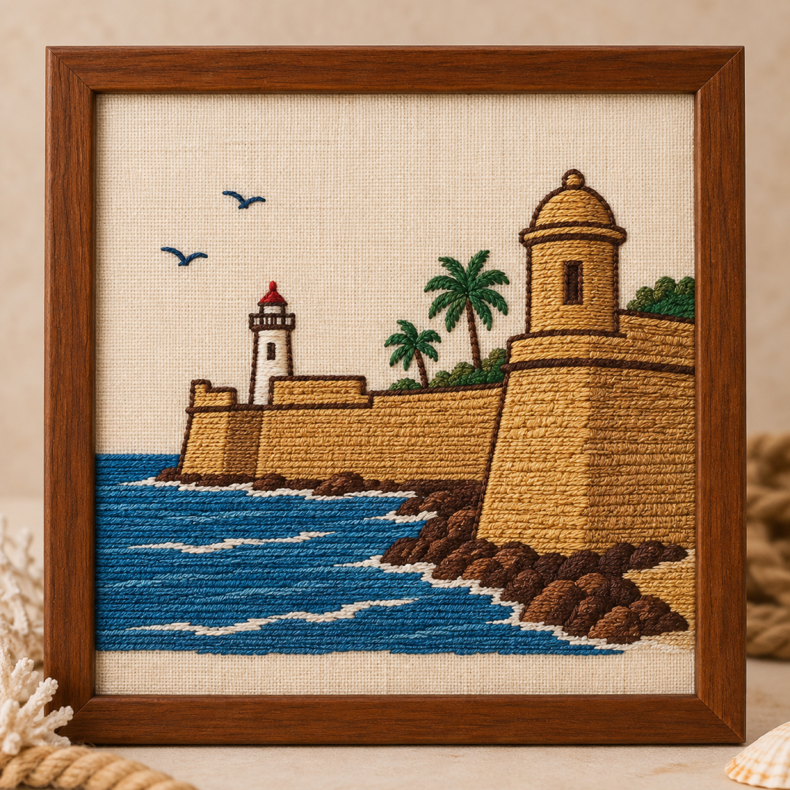 Machine-embroidered Portuguese Diu Fort with lighthouse by the sea