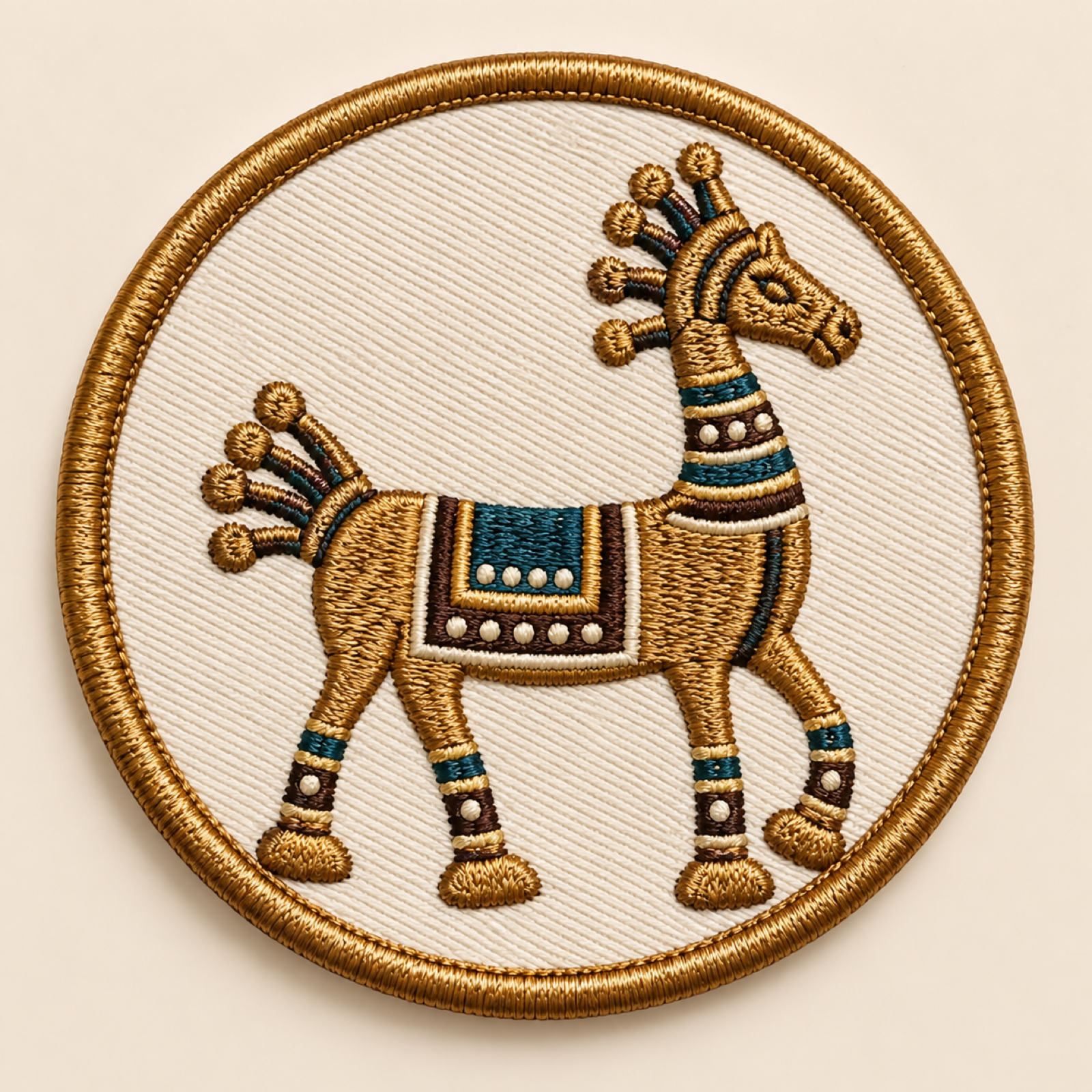 Machine-embroidered Bastar Dhokra tribal horse round patch, Chhattisgarh