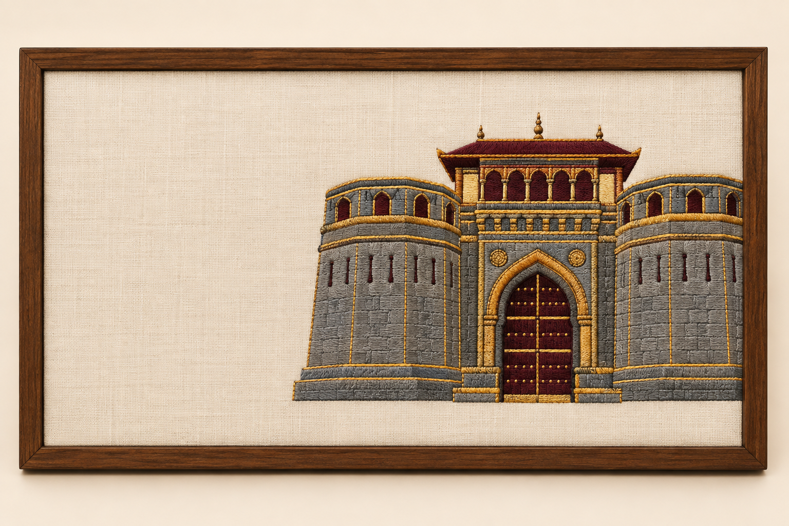 Machine-embroidered Shaniwar Wada fort gateway, Pune