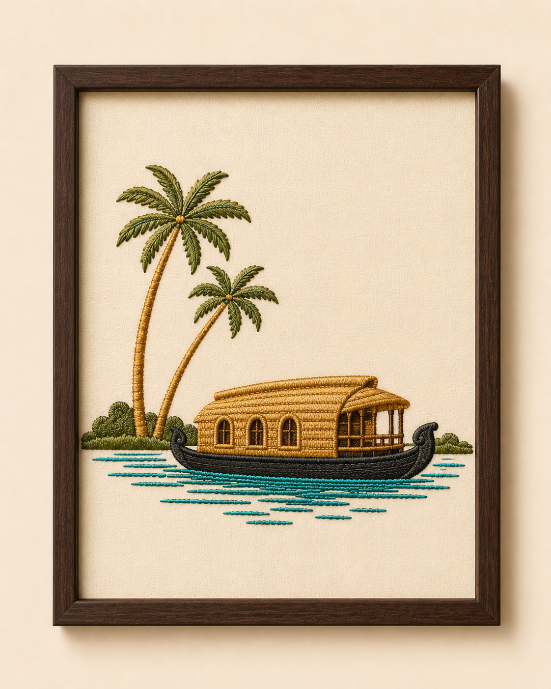 Framed embroidered Kerala backwaters houseboat with palms and teal water