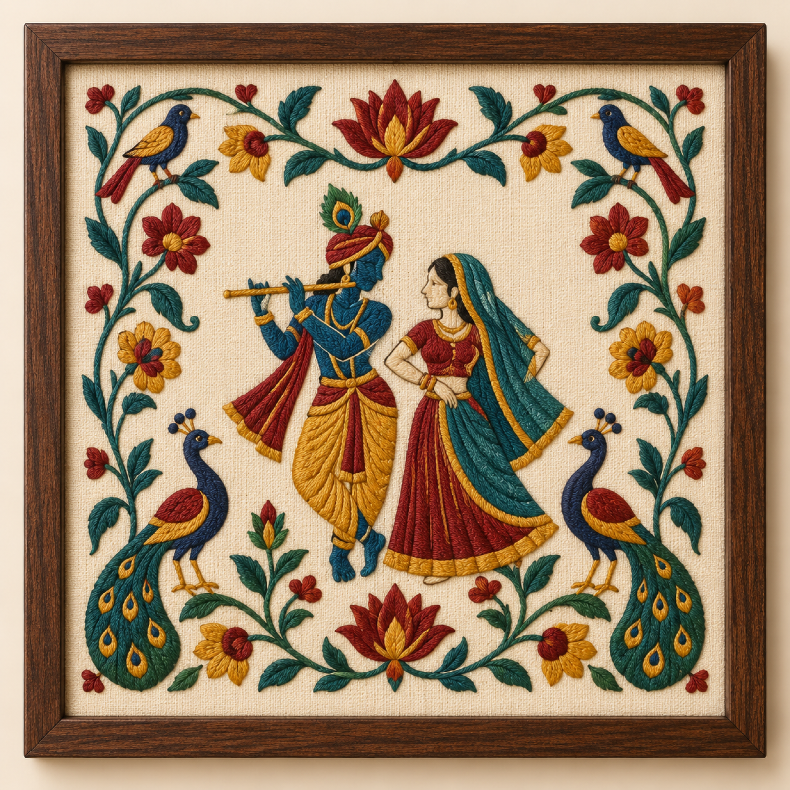 Machine-embroidered Chamba Rumal Pahari folk-art motif, framed panel